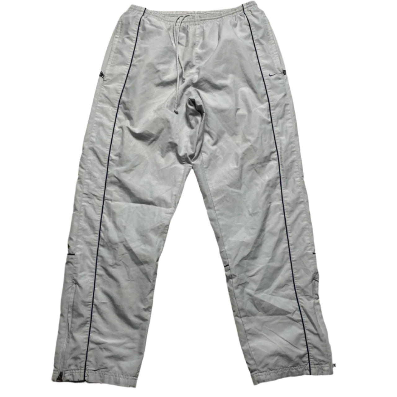 Nike Silver Grey and Navy Swoosh and Tribal Spellout Shell Baggy Trackpant Bottoms (L)