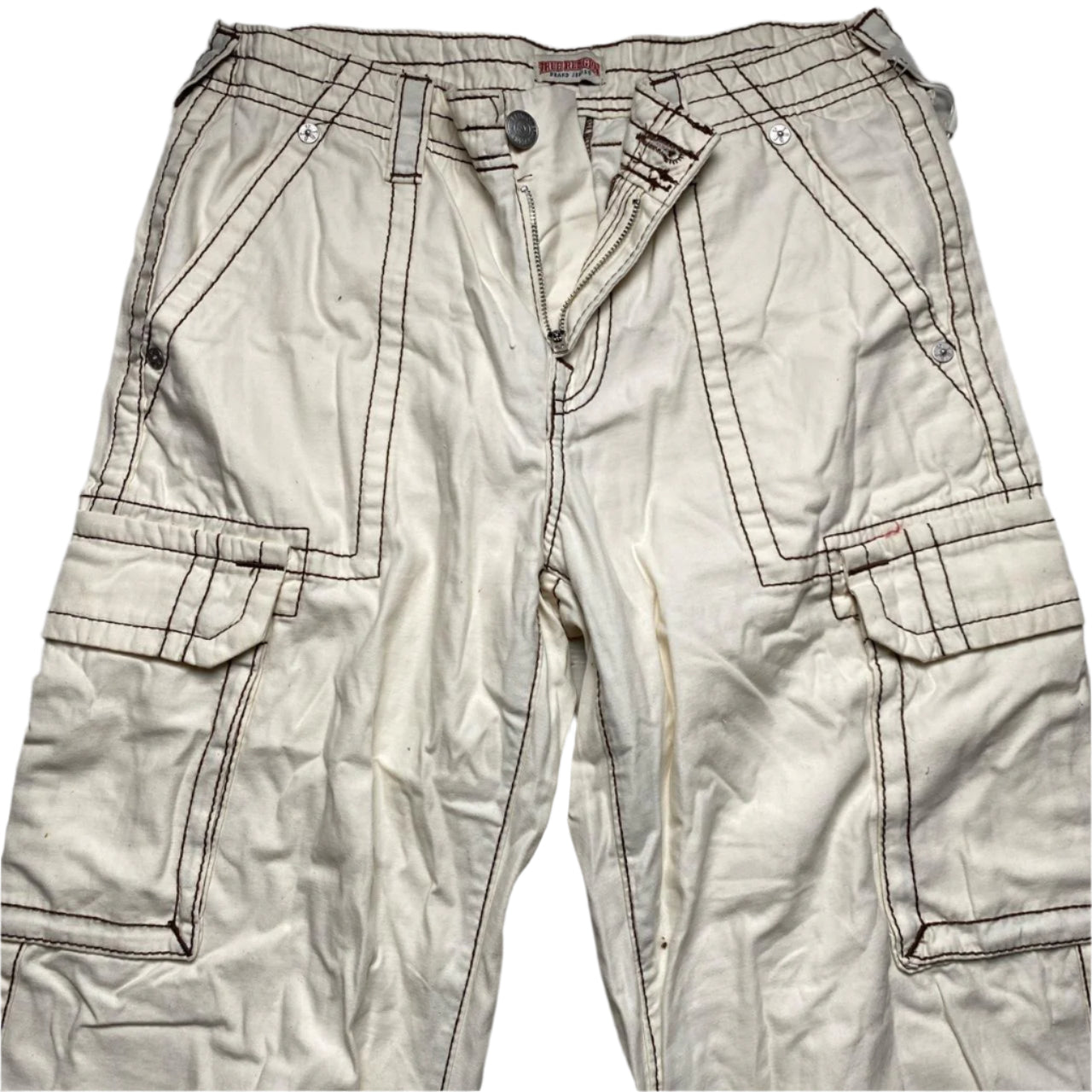 True Religion Baggy Cream and Brown Embroidery Cargo Trousers (28W)