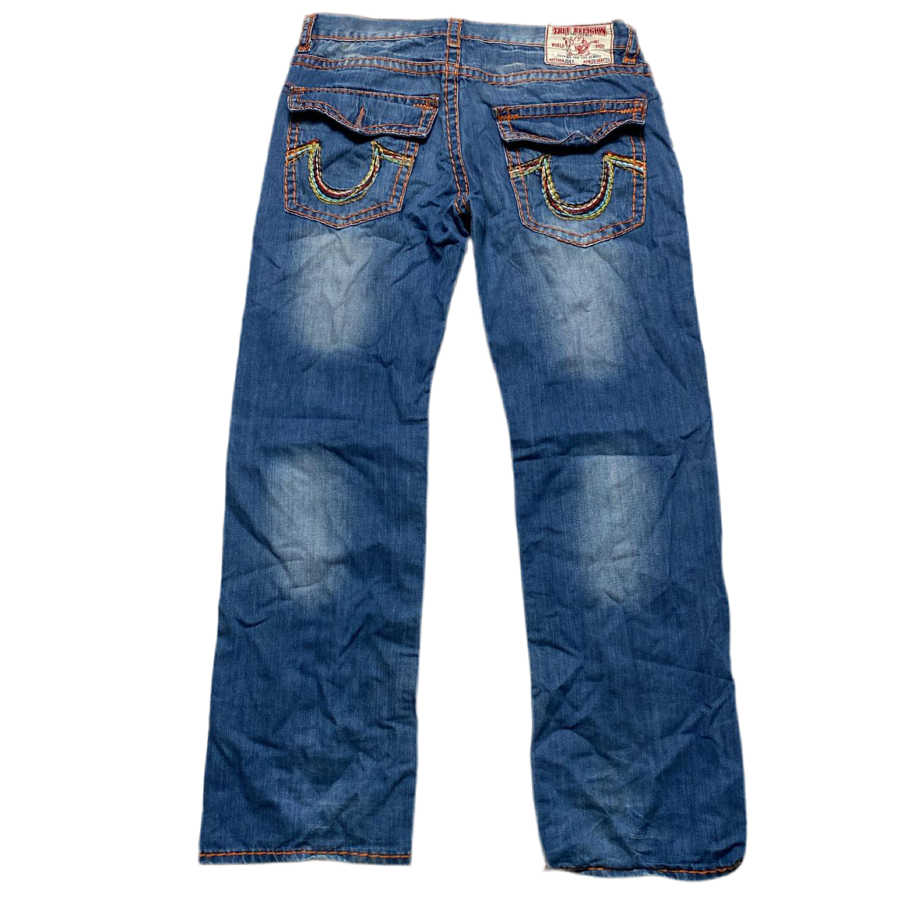 True Religion Joey Rainbow Stitch Orange and Blue Jeans (38W)