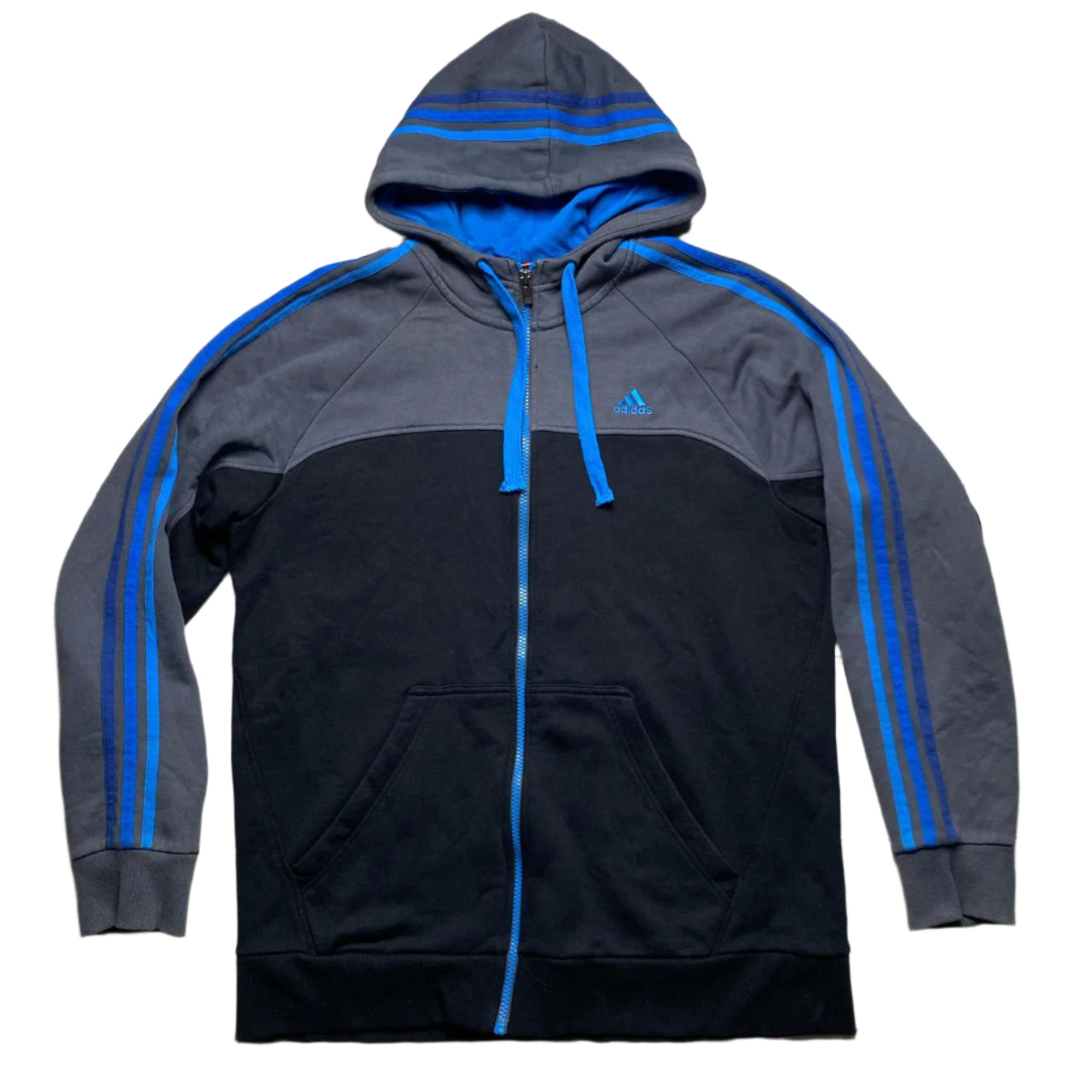 Adidas Performance Essentials 3 Stripe Grey Black and Tri Blue Hoodie (L)