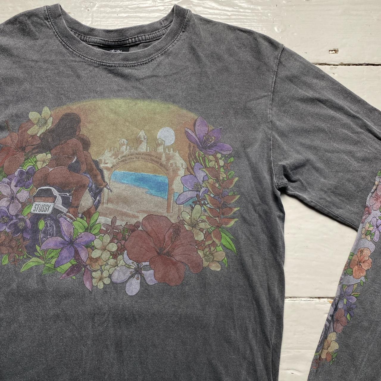 Stussy Hawaiian Motorbiker Girl Grey Floral Long Sleeve T Shirt