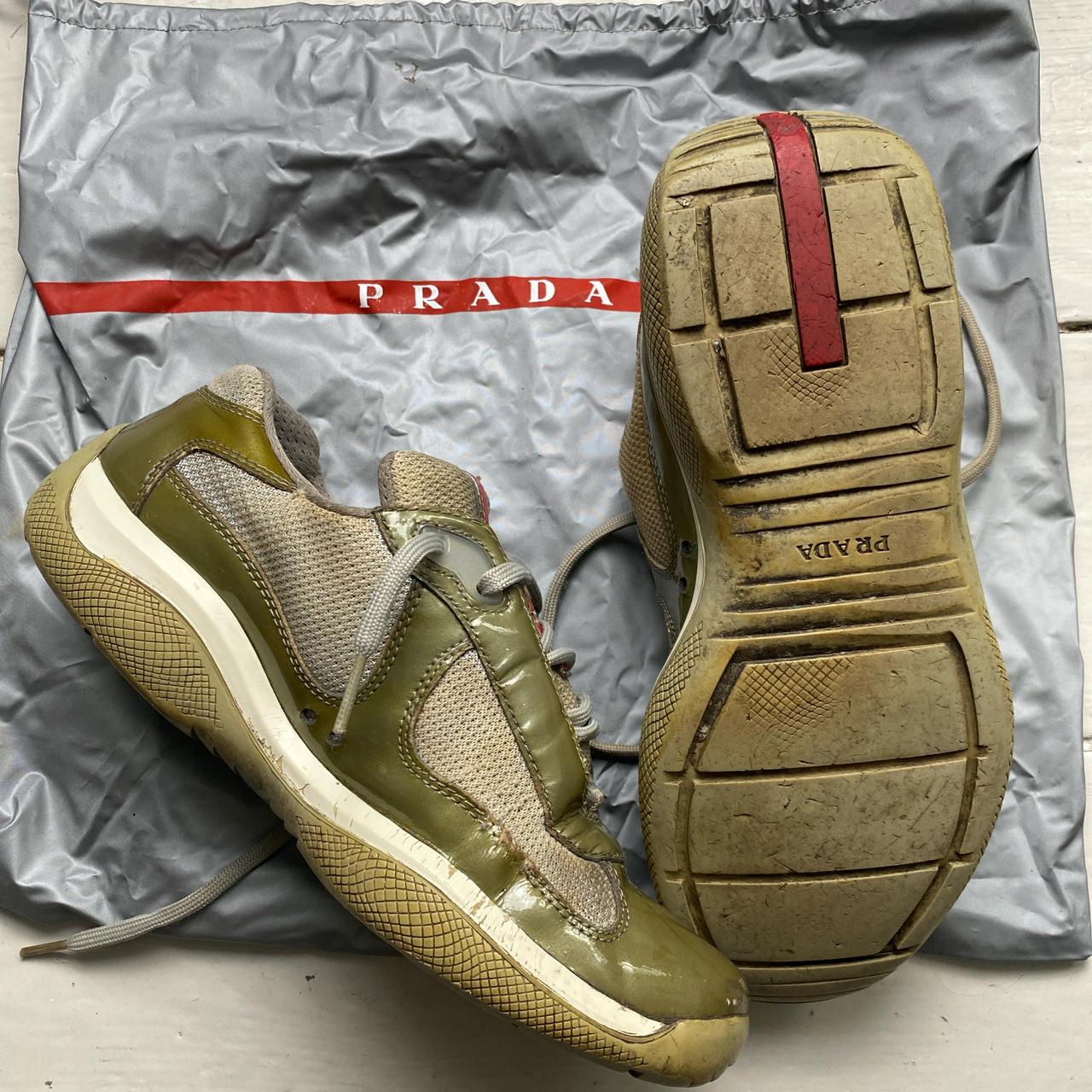 Prada Americas Cup Vintage Khaki Patent and Grey Low Trainers (UK 5.5)