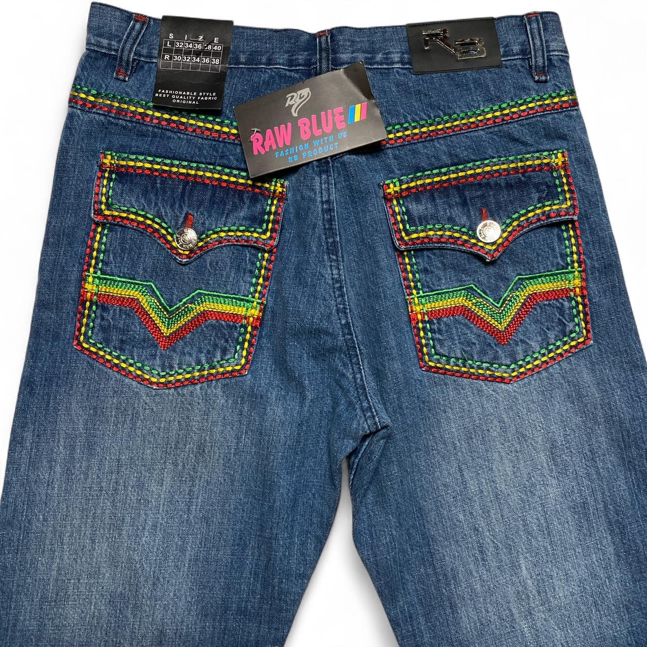Raw Blue Rasta Big Tri Stitch Baggy Blue Y2K Jeans (34W)