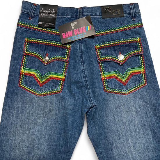Raw Blue Rasta Big Tri Stitch Baggy Blue Y2K Jeans (34W)