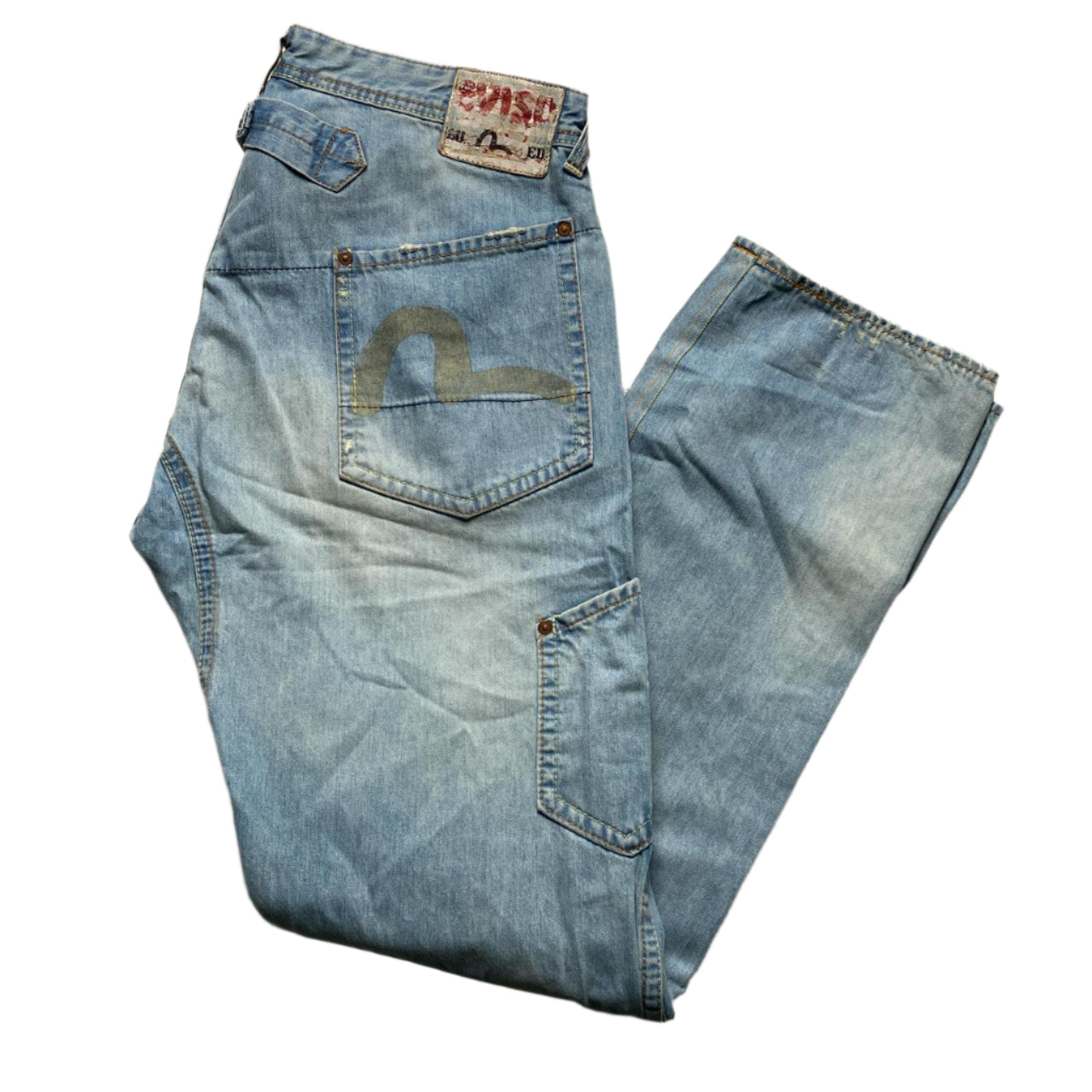 Evisu Baggy Cargo Jeans Light Blue with Cream Daicock Swoosh (34W)