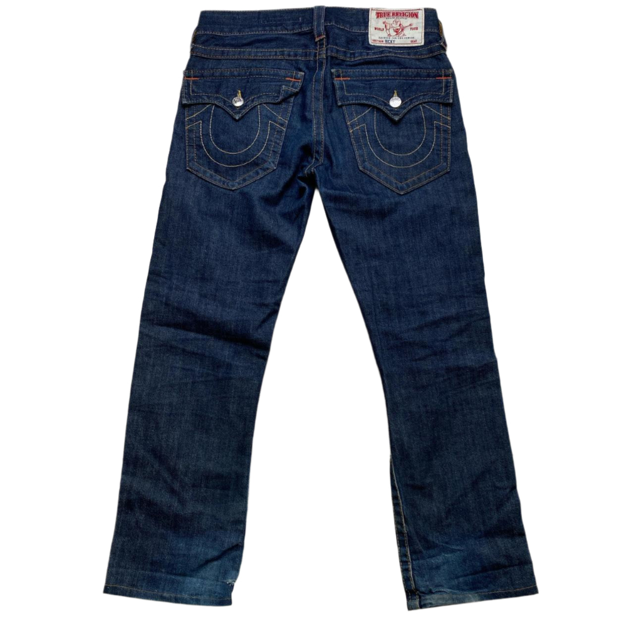 True Religion Ricky Navy and Gold Stitch Straight Baggy Jeans (30W)