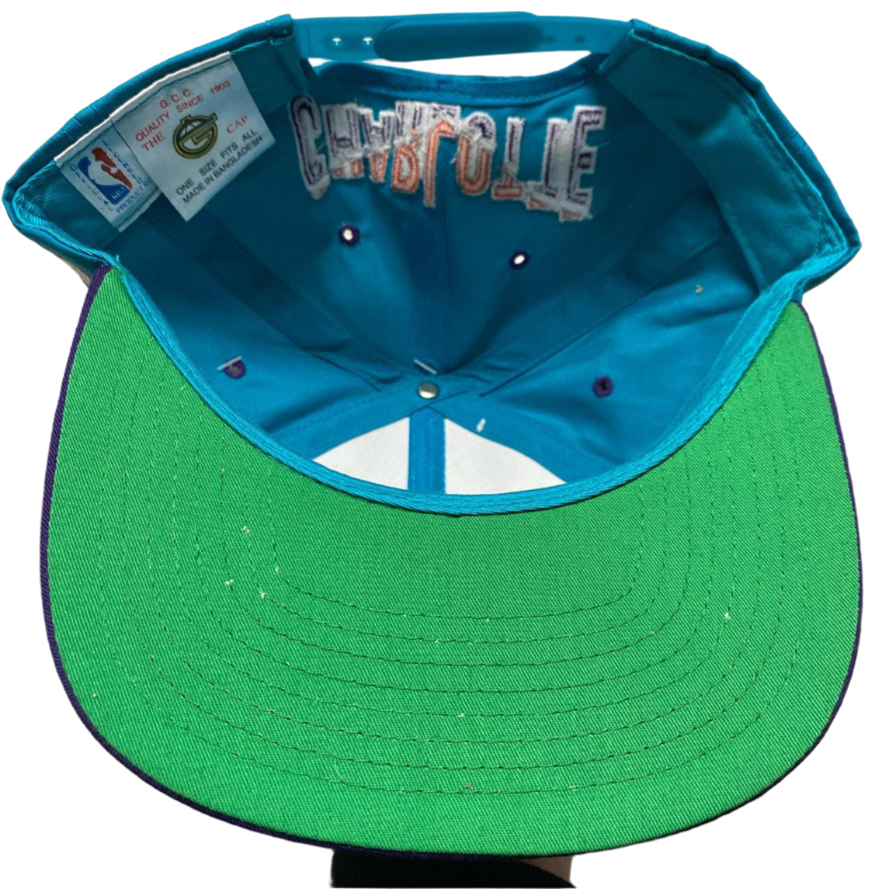 Charlotte Hornets Vintage 90’s Green Brim NBA Snapback Cap Blue and Purple