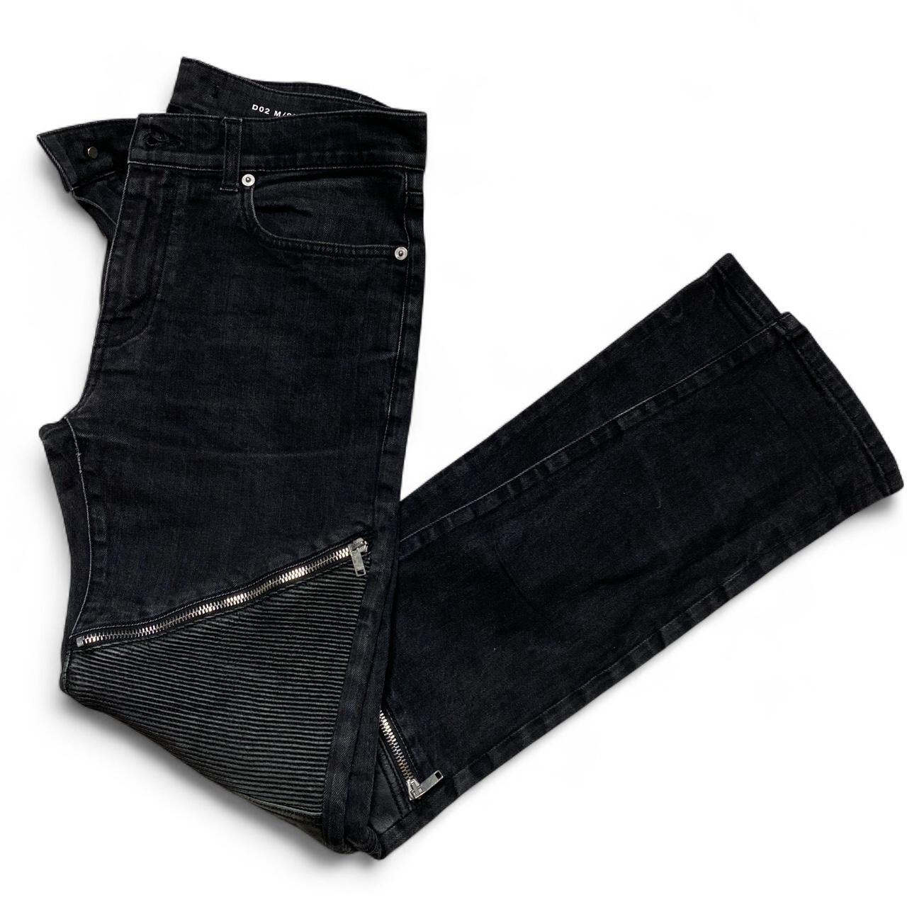 Saint Laurent Paris YSL Black Ribbed Leather Patch Zipper Biker Jeans