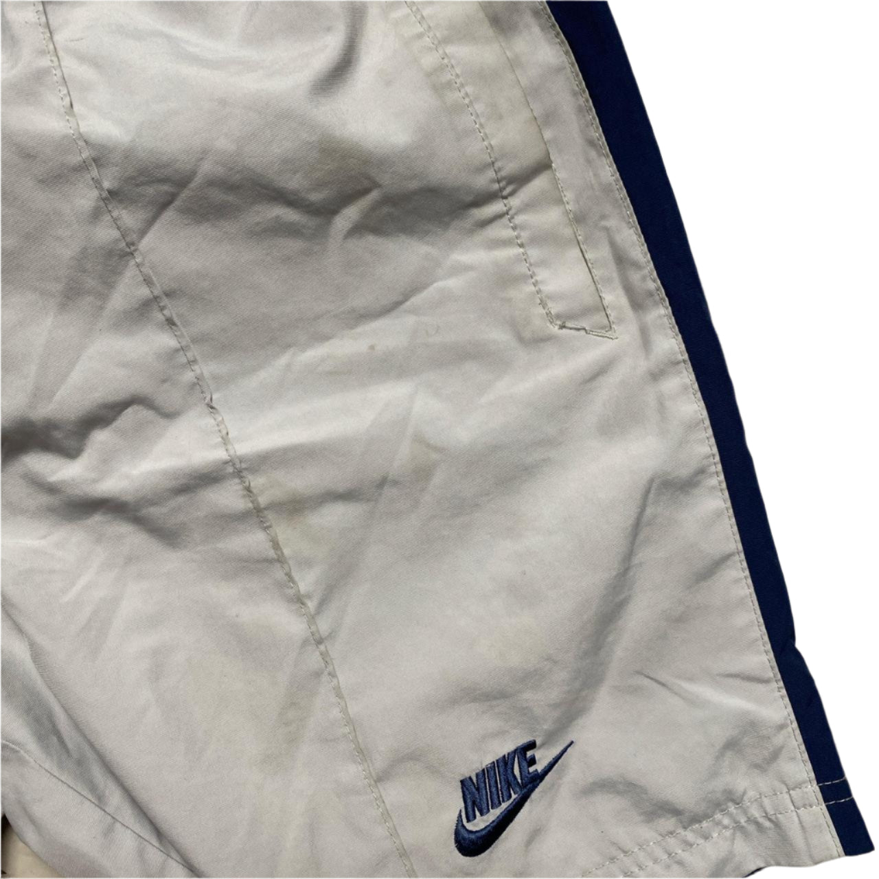 Nike Silver and Navy Vintage y2k Nylon Shell Bottom Shorts (M)