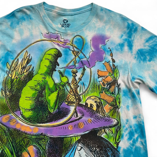 Alice in Wonderland Liquid Blue Shisha Trippy Graphic Tie Dye Blue T Shirt (L)