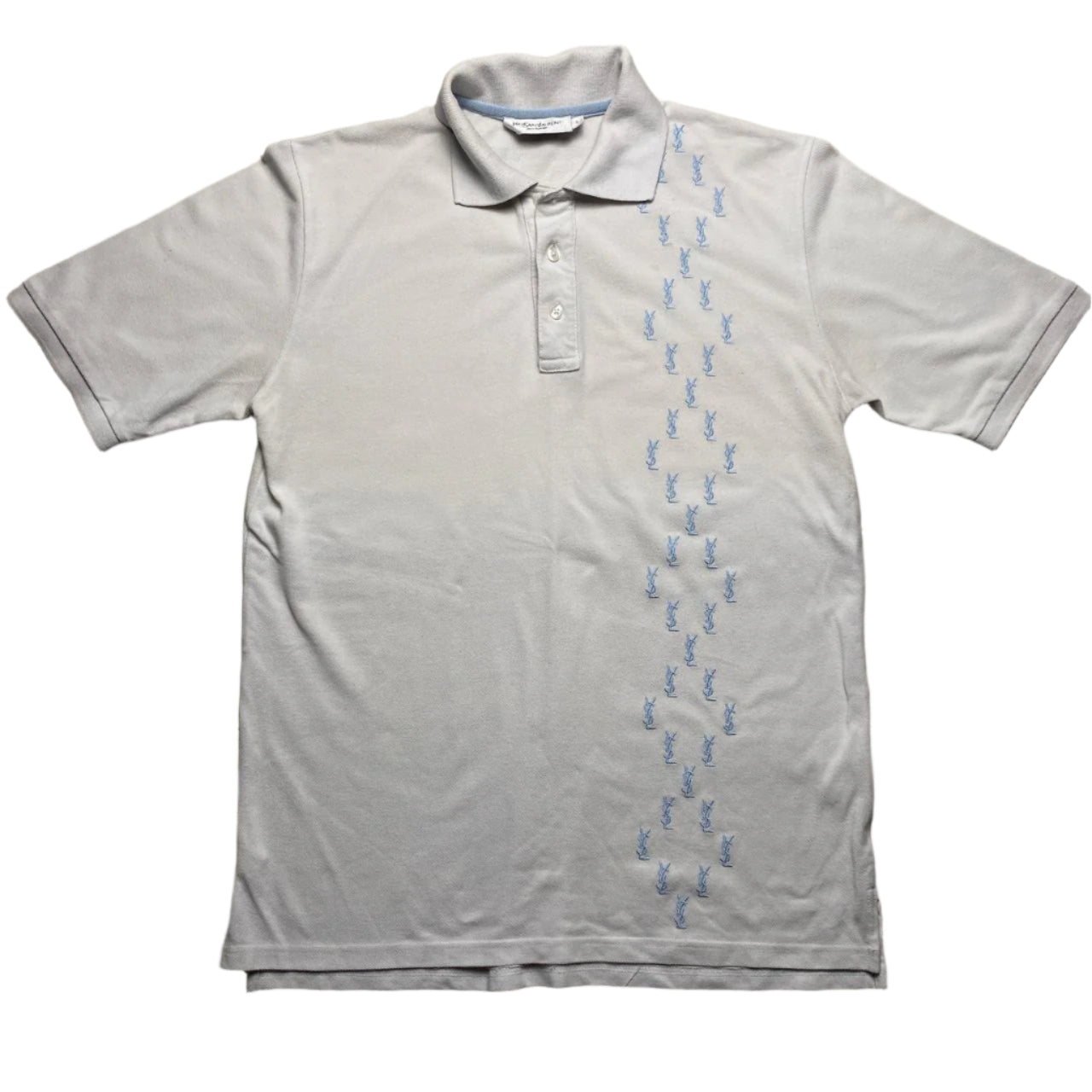 Yves Saint Laurent YSL Vintage White and Blue Repeat Logo Polo Short Sleeve Shirt (S)