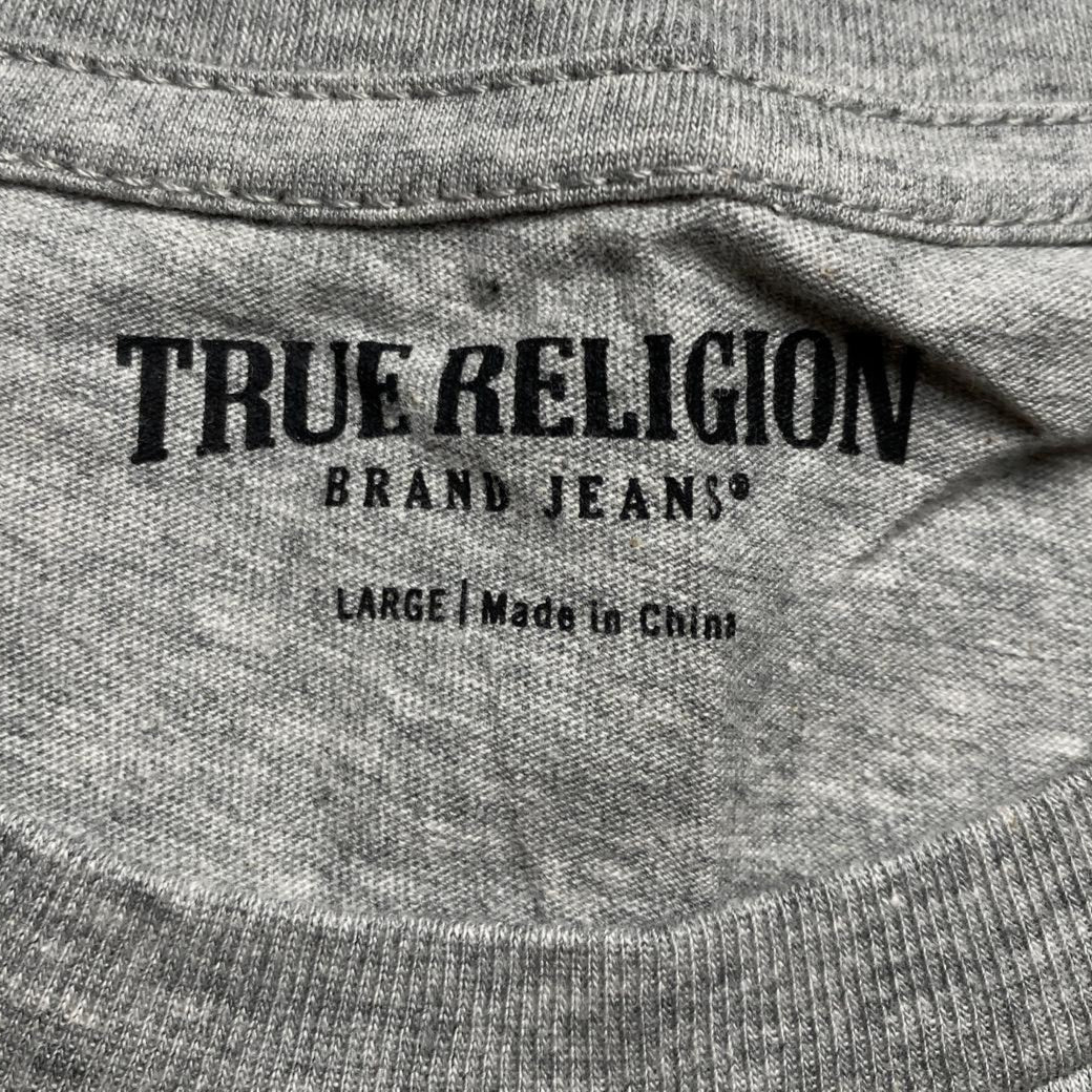 True Religion Womens Rhinestone Grey White and Pink Buddha T Shirt (L)