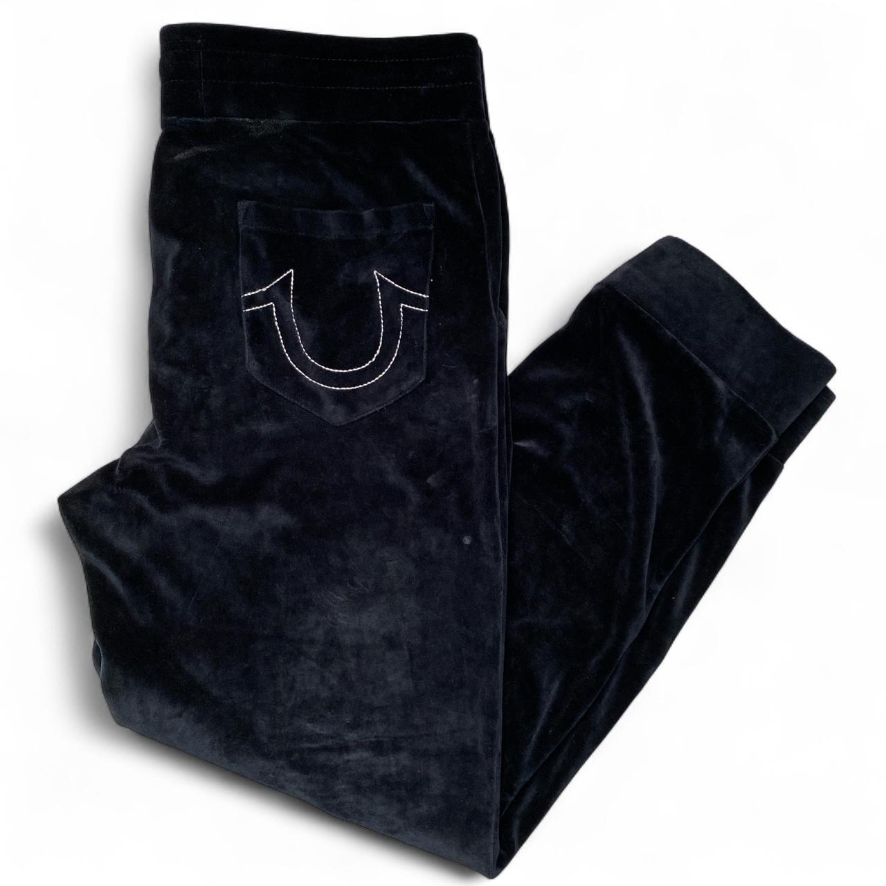 True Religion Black Velour Gold and White Stitch Baggy Joggers