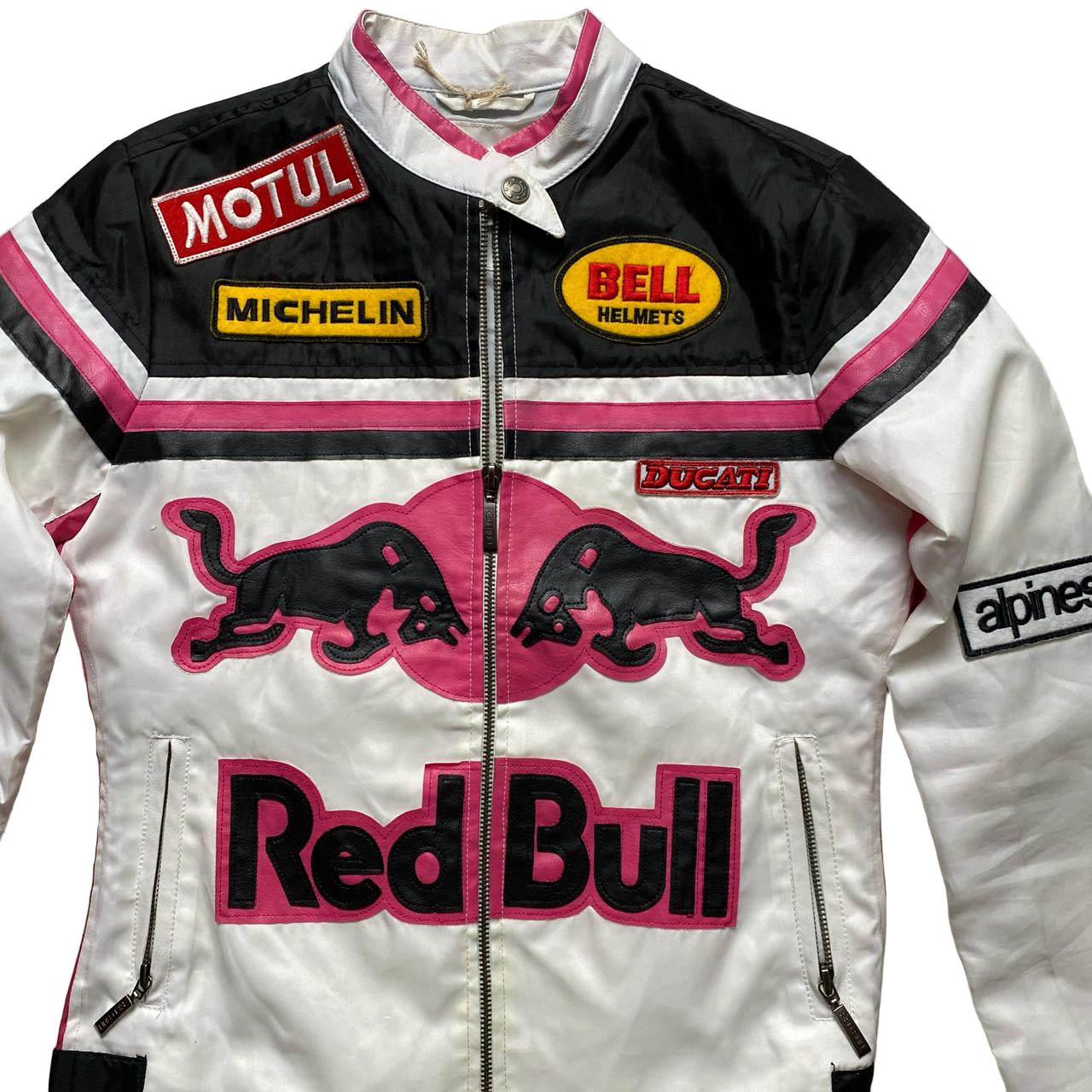 Redbull Vintage Biker Style Womens Bomber Jacket with Leather Patches (S)