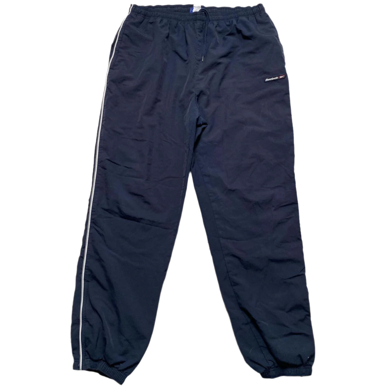 Reebok Navy and White Shell Trackpant Nylon Bottoms (L)