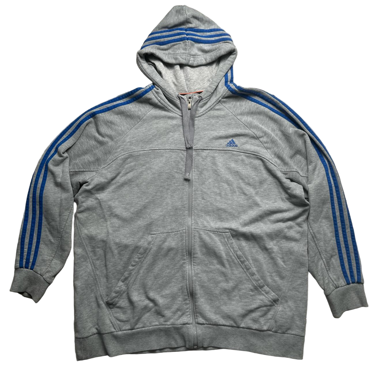 Adidas Performance Essentials Grey and Blue Three Stripe Hoodie (2XL)