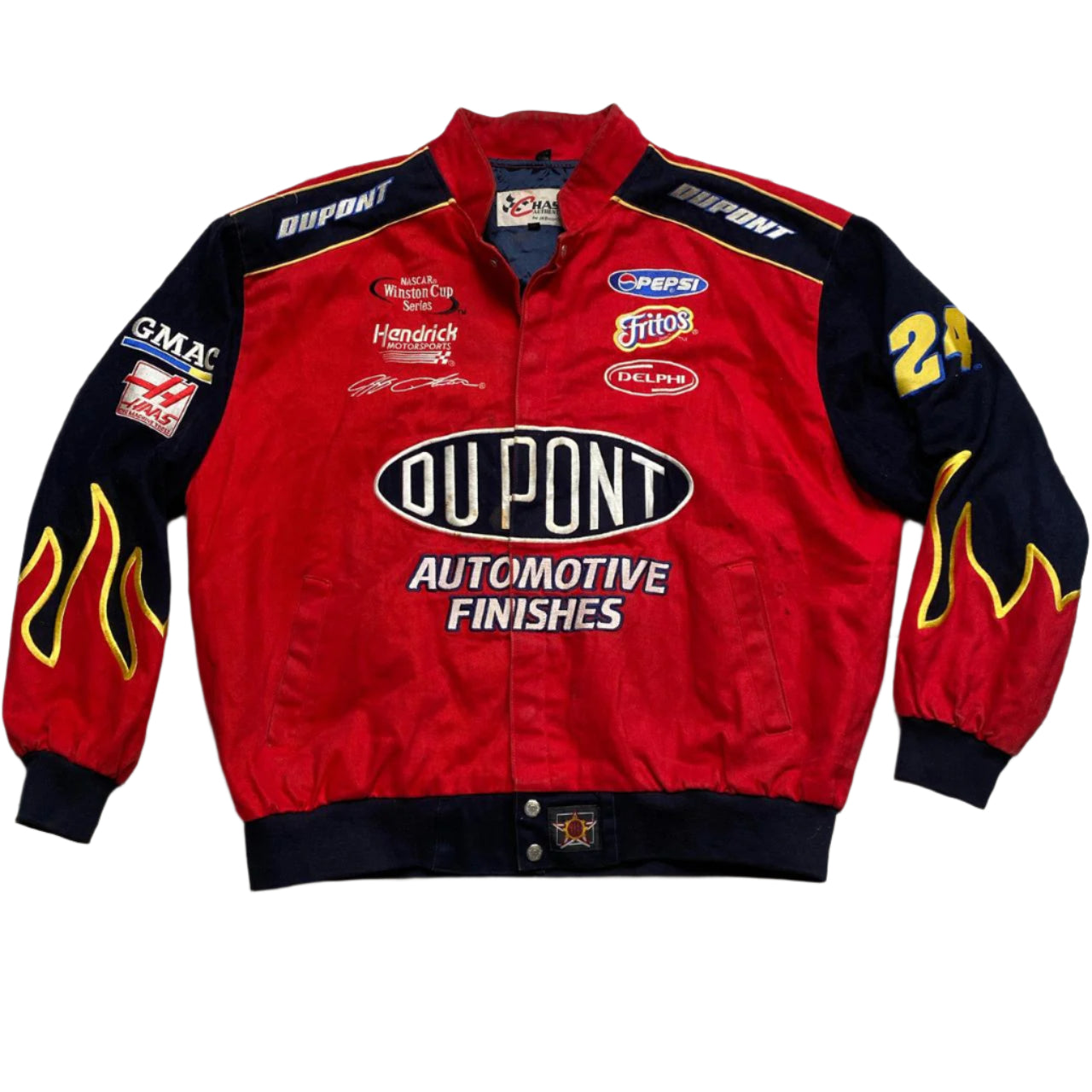 Chase Authentics NASCAR Red and Black Flames Du Pont Racing Bomber Jacket (2XL)