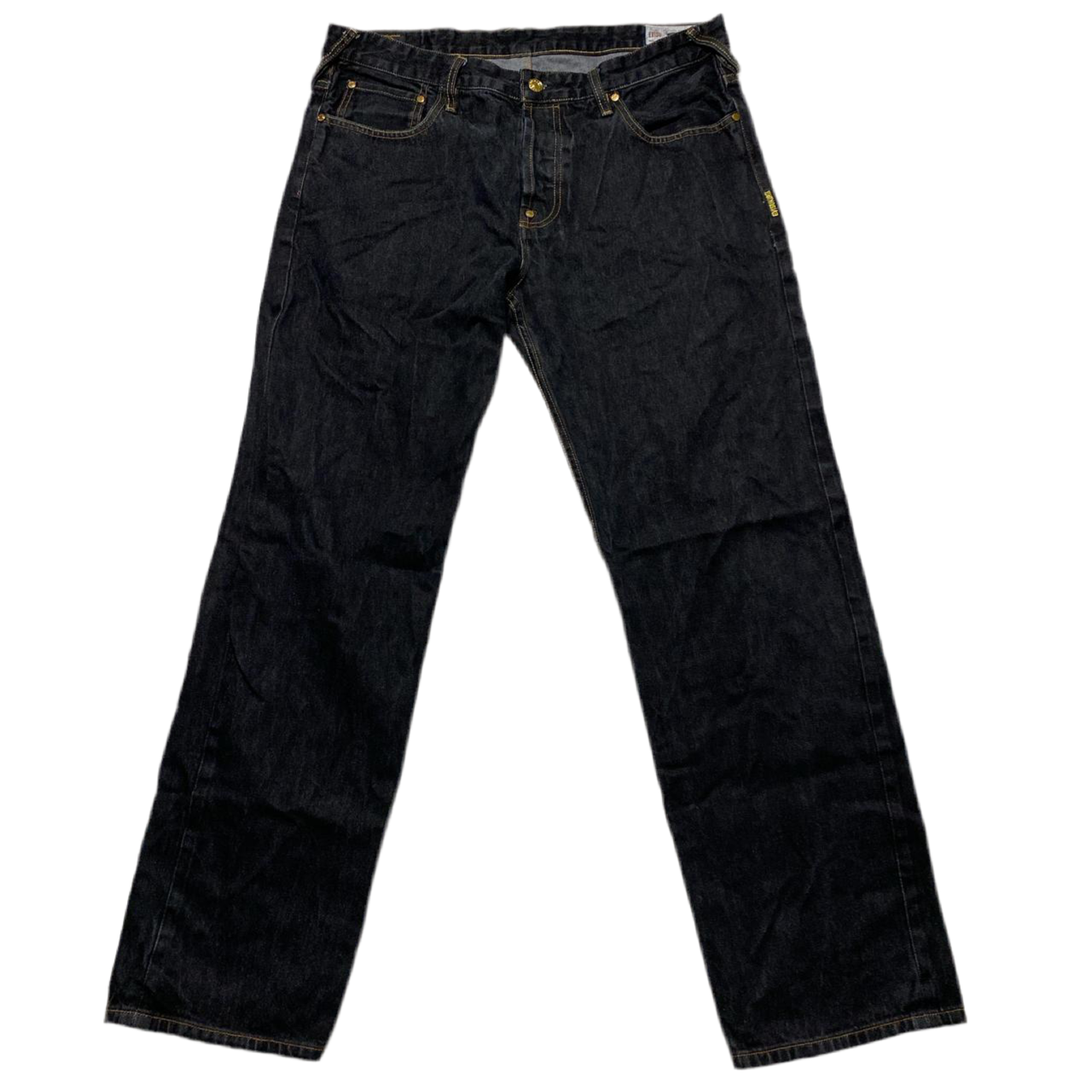 Evisu Kuro Indigo Dark Black Denim and Yellow Embroidered Swoosh Jeans (W 38)