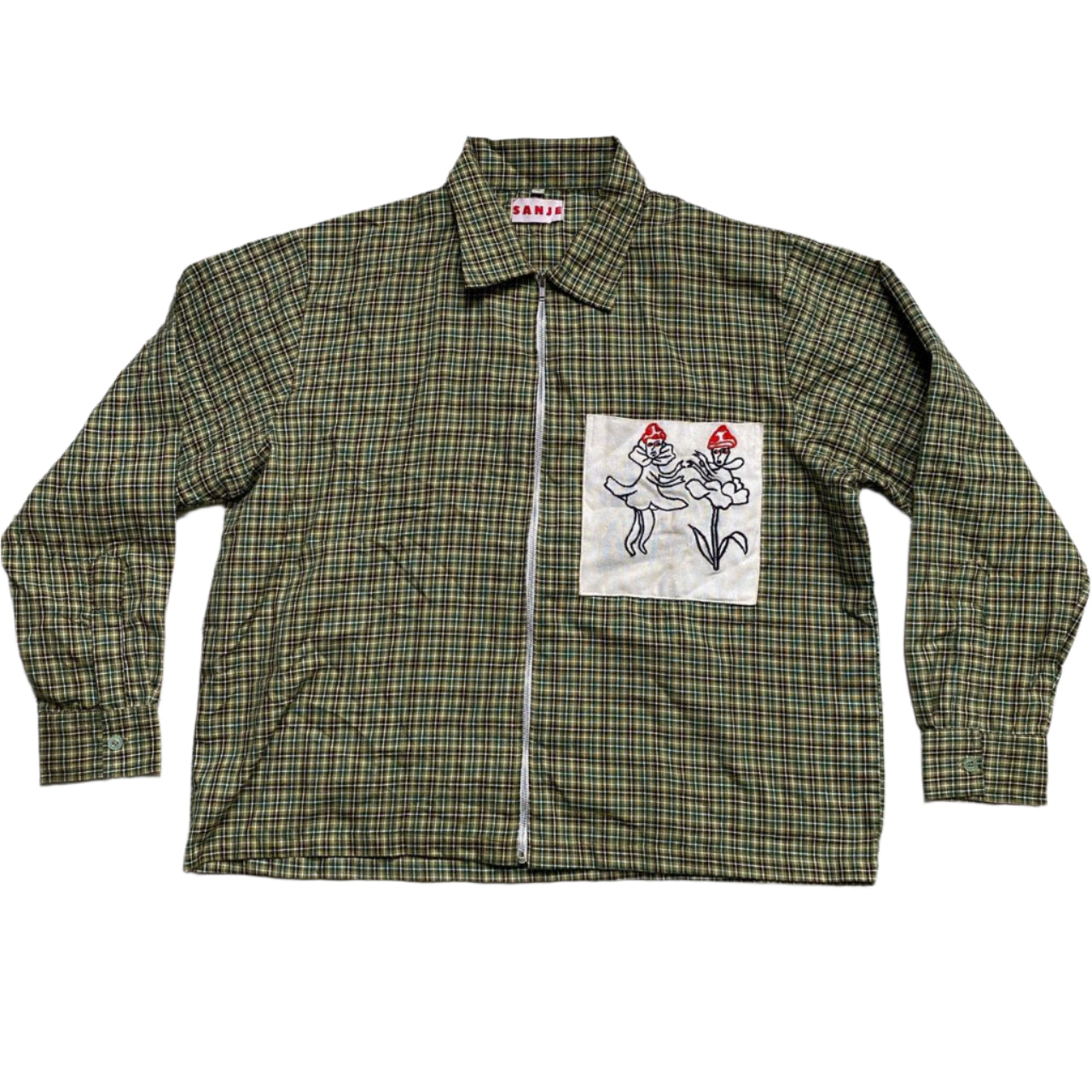 Sanje Fighting Flowers Embroidery Checked Plaid Shirt (M)