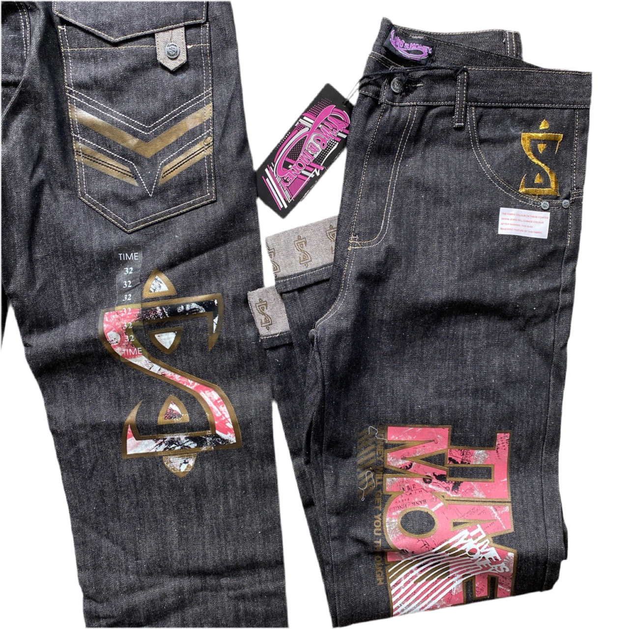 Time Is Money Printed Vintage Jeans (32W)