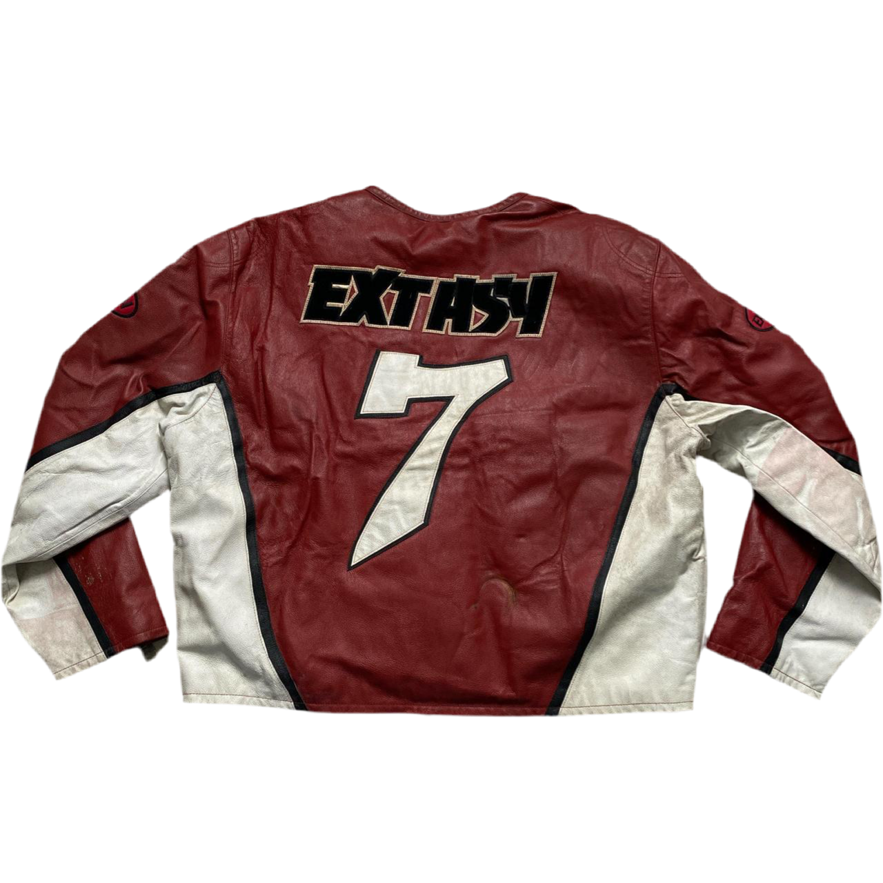 Extasy Vintage 90’s Red White and Black Leather Bomber Jacket (5XL)