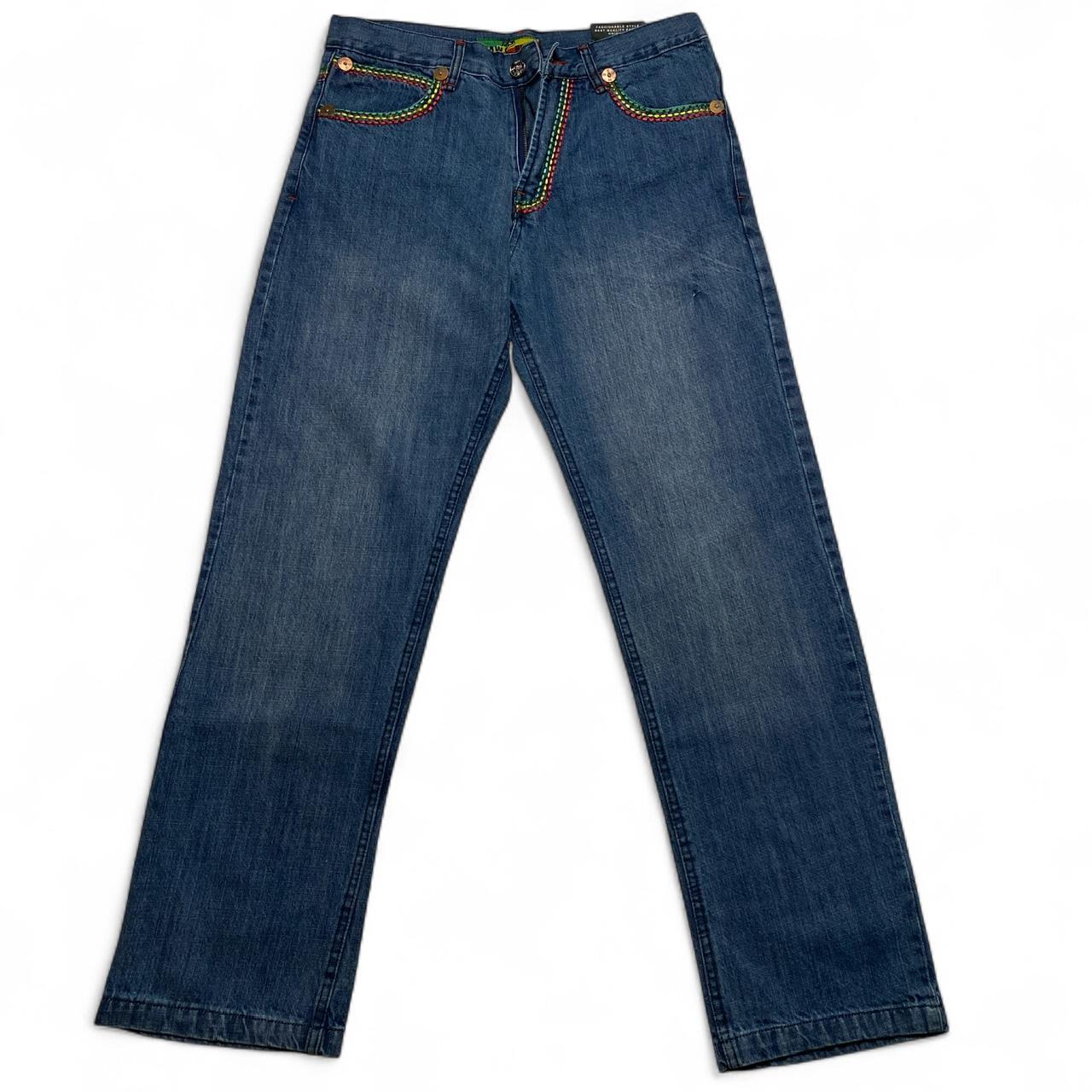 Raw Blue Rasta Big Tri Stitch Baggy Blue Y2K Jeans (34W)