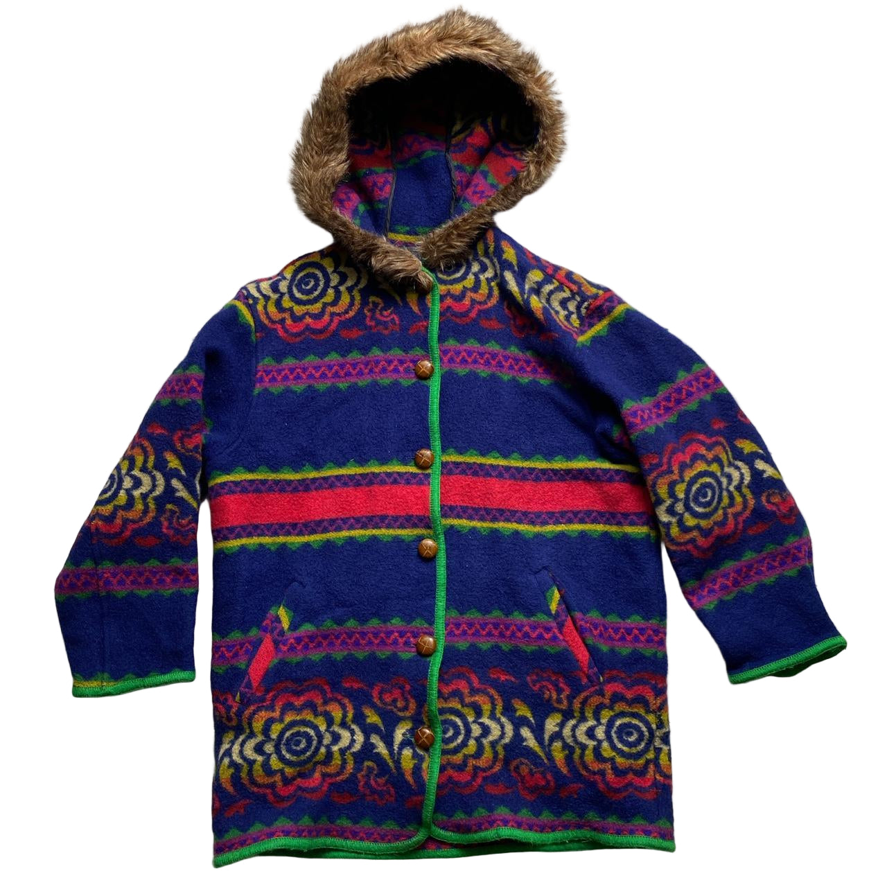 United Colours of Benetton Vintage Wool Floral Multi Colour Rug Design Hooded Fur Trim Parka (M)