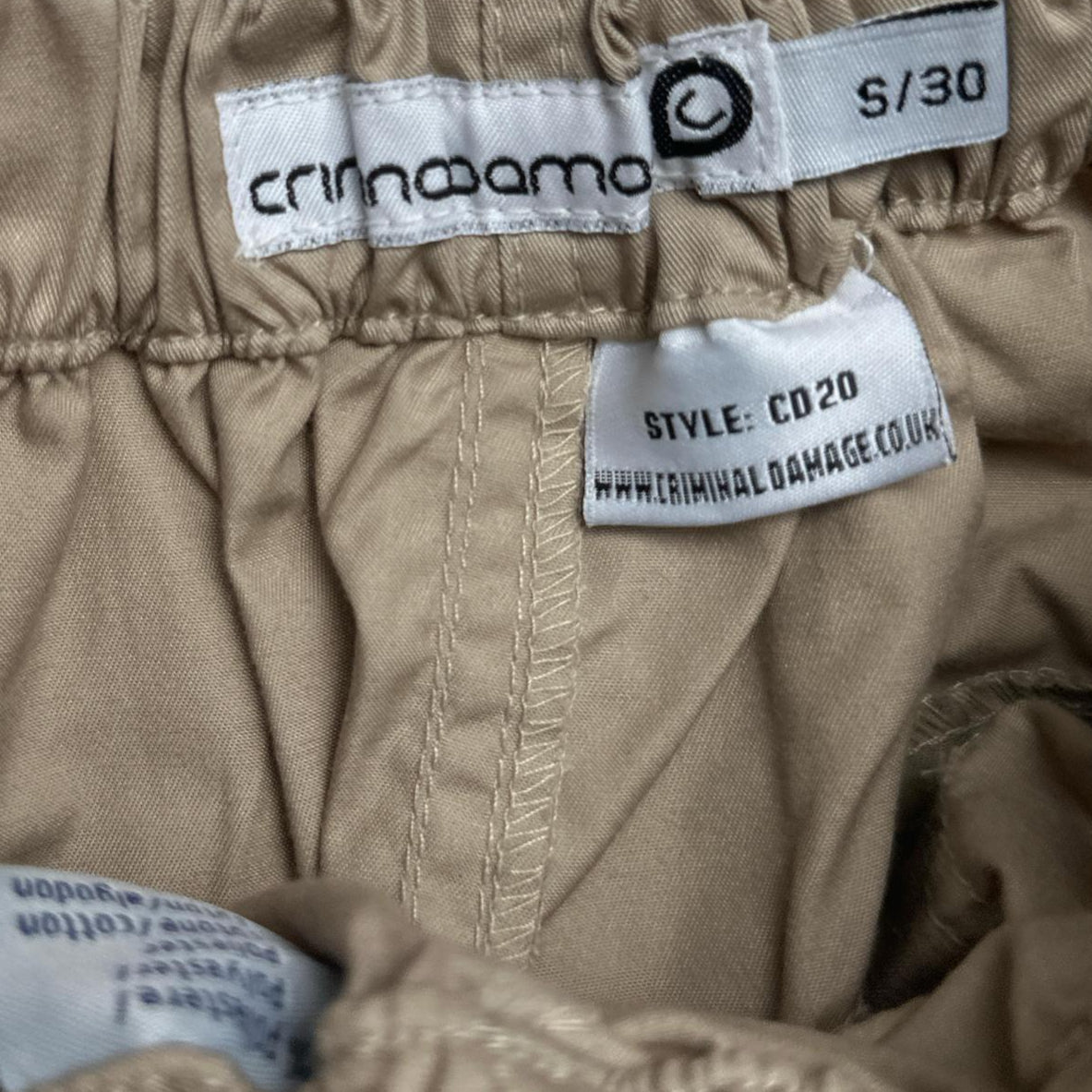 Criminal Damage Khaki Beige Embroidered Brown CD Baggy Jorts Cargo Shorts (S)