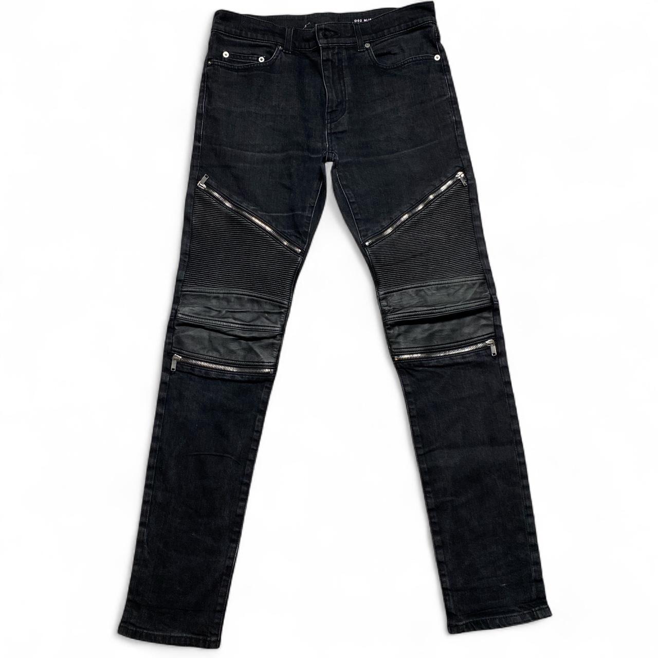 Saint Laurent Paris YSL Black Ribbed Leather Patch Zipper Biker Jeans