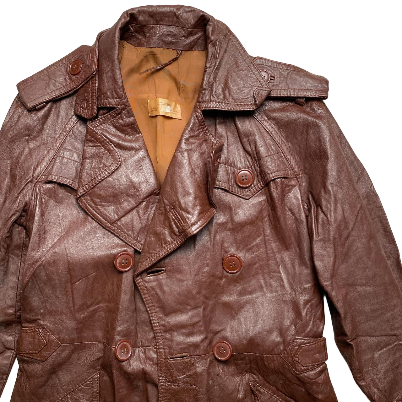 Vintage Brown Leather Spanish Trench Long Coat (S)