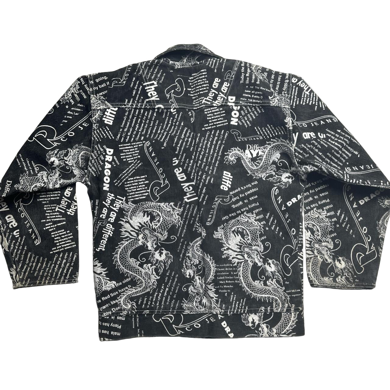 Raco Jeans Vintage 90’s Dragon Newspaper Transcript Denim Suit Jacket and Jeans (WOMEN.S)