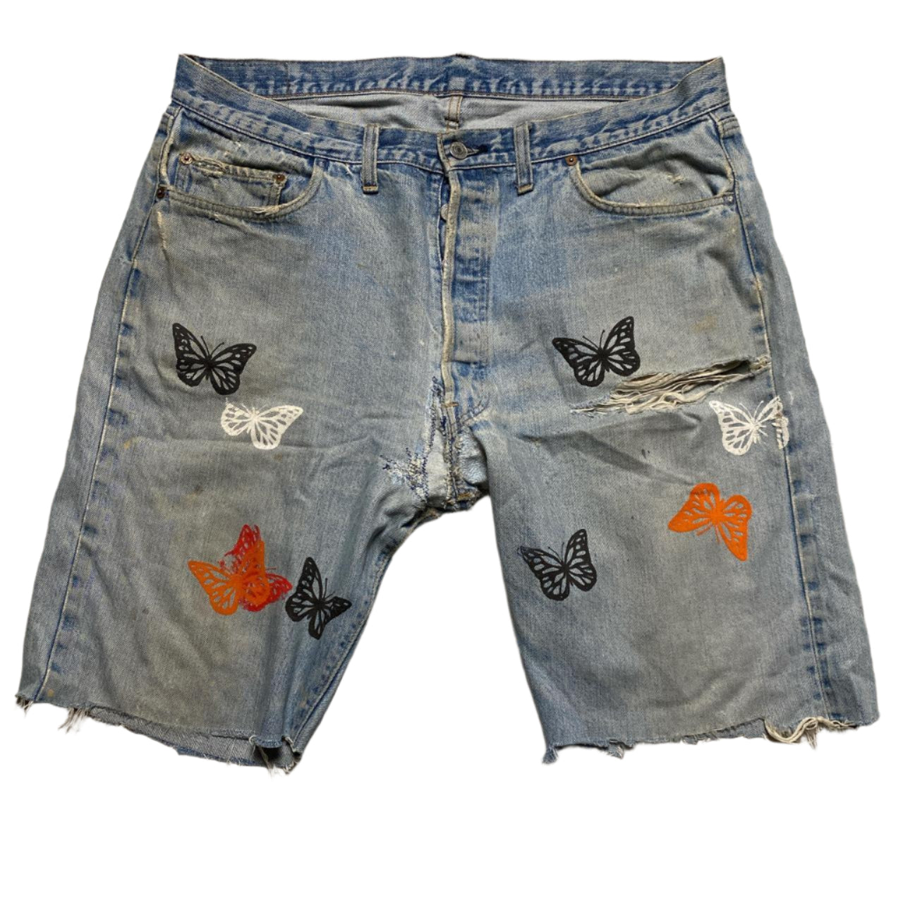 Levis 501 Baggy Cut Down Distressed Vintage Jort Jeans with Butterfly Prints (W 36)