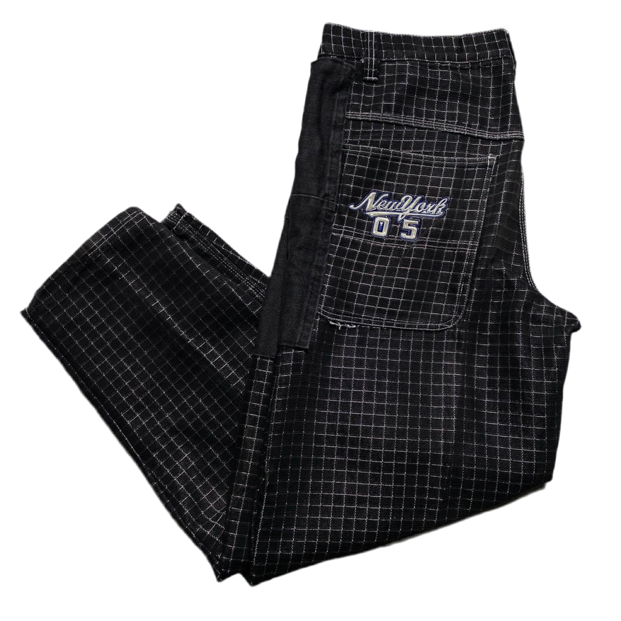 New York 05 Vintage 90’s Baggy Skateboard Carpenter Cargo Black Silver Grid Jeans (36W)