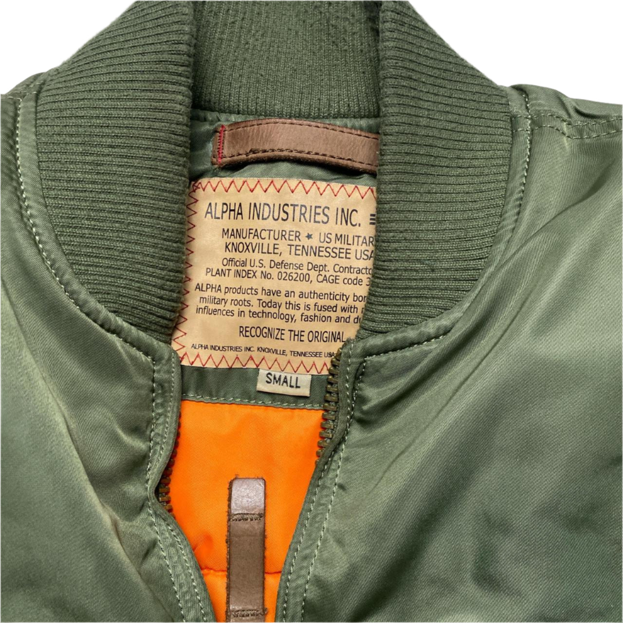 Alpha Industries Khaki Military Green and Orange Bomber Jacket (S)