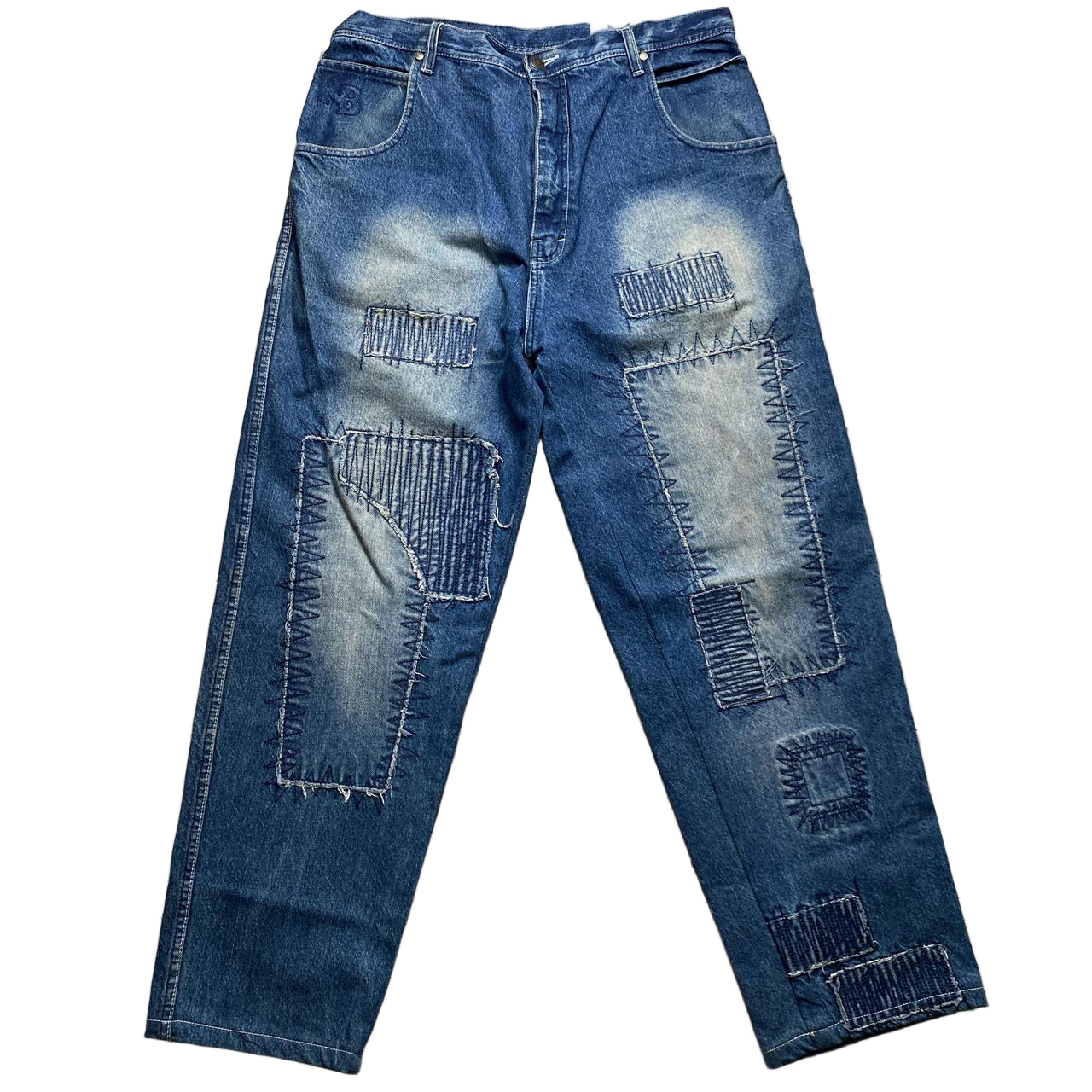 Raw Blue Vintage Baggy Patchwork Stonewashed Blue Jeans (34W)