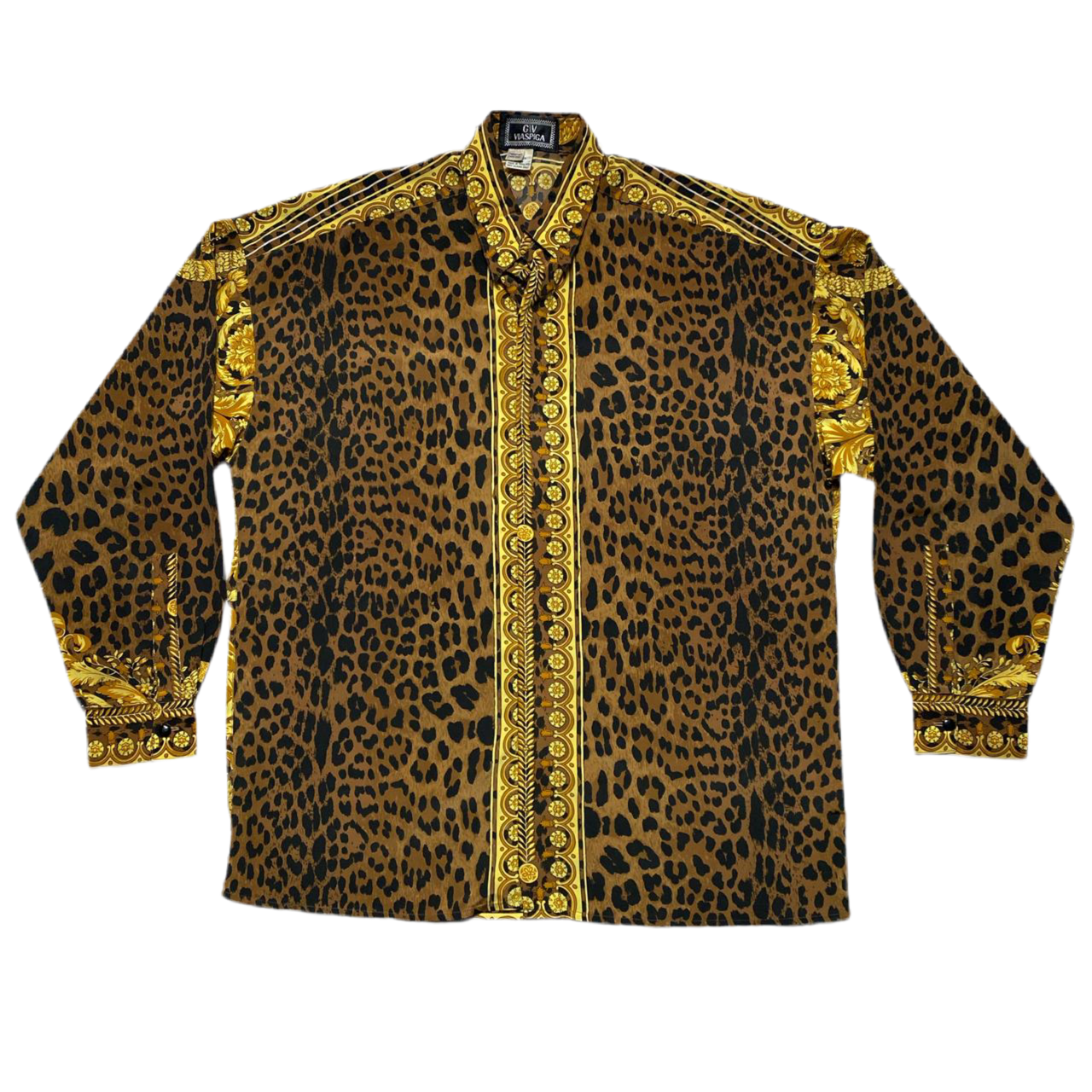 Giv Viaspaga Versace Gold Brown Cheetah Print Long Sleeve Shirt (M)