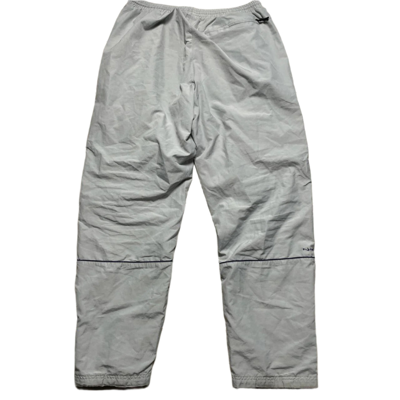 Nike Silver Grey and Navy Swoosh and Tribal Spellout Shell Baggy Trackpant Bottoms (L)