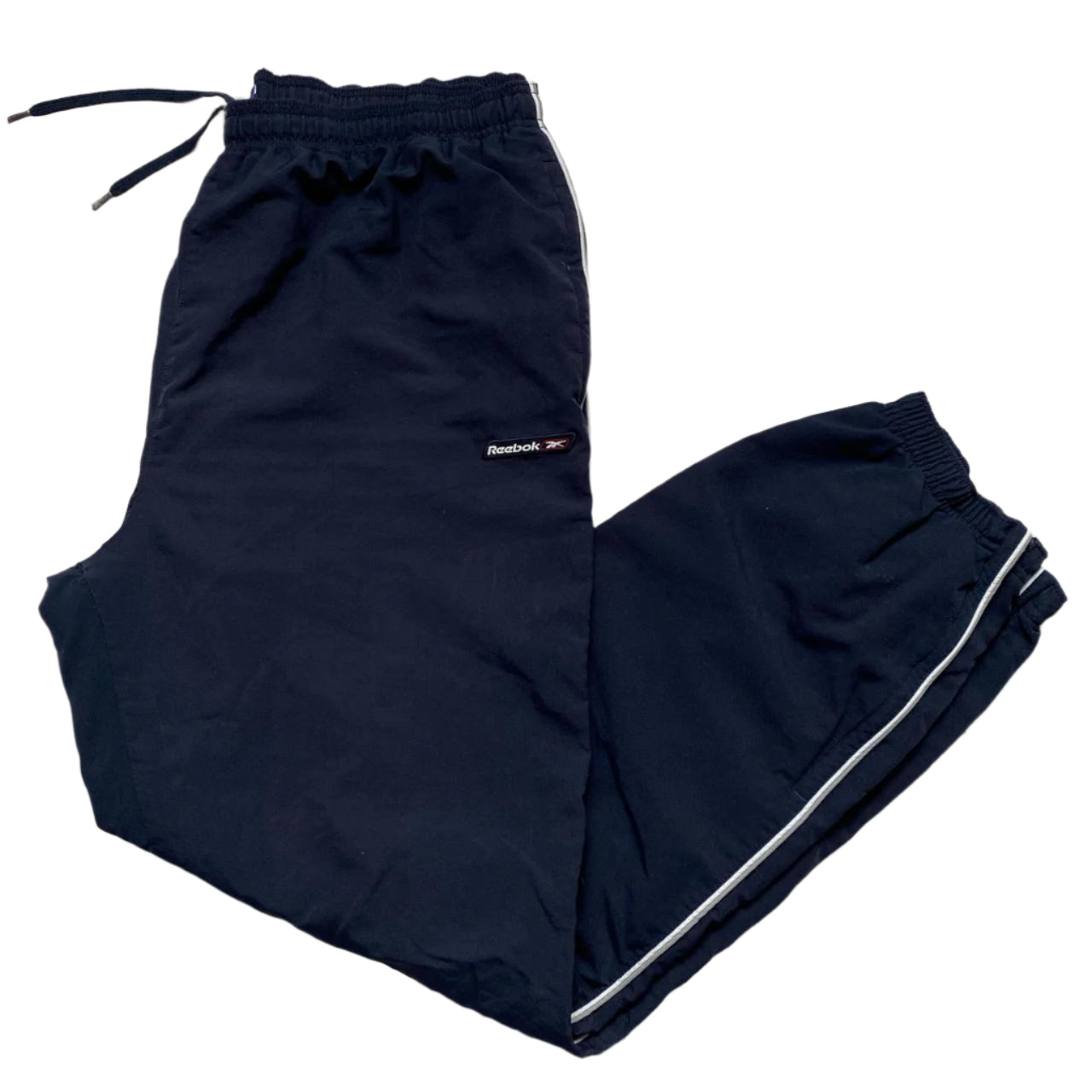 Reebok Navy and White Shell Trackpant Nylon Bottoms (L)