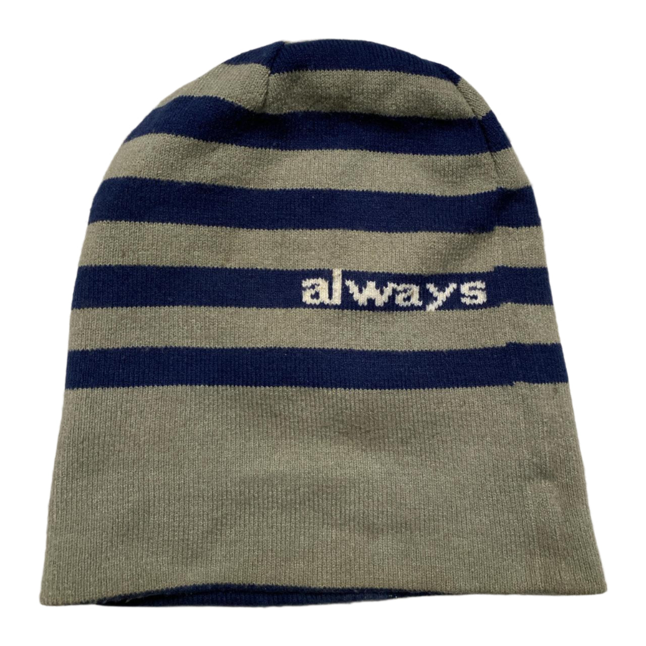 Always Do What You Should Do Khaki Green and Navy Blue Striped Reversible Beanie Hat