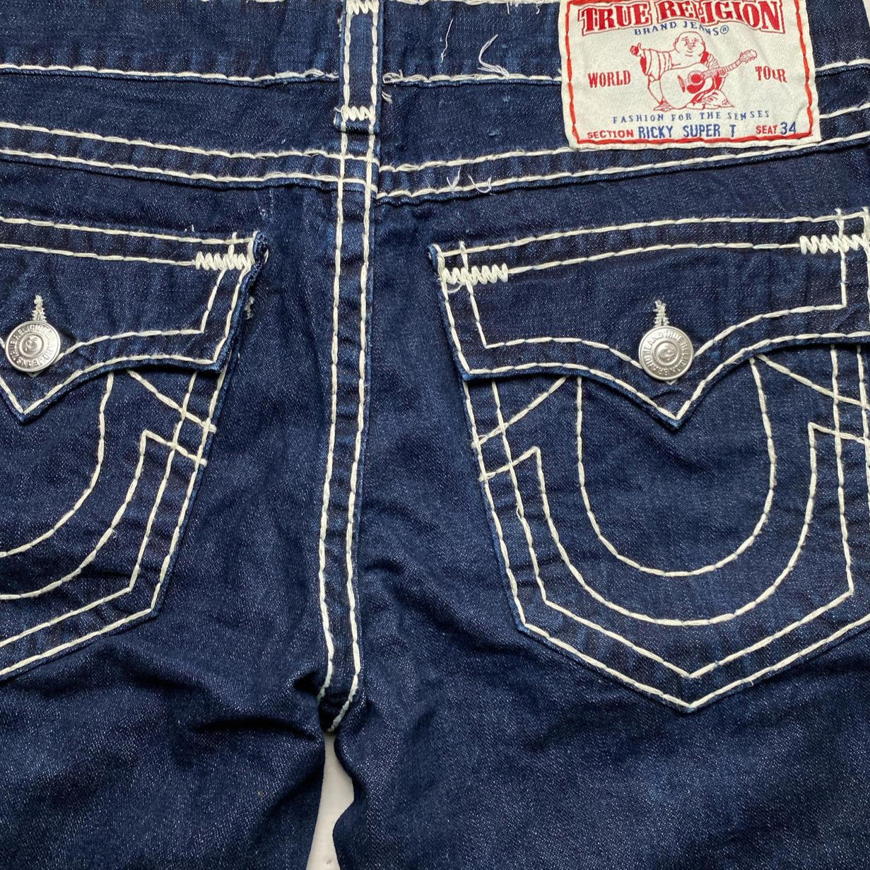 True Religion Ricky Super T Big Stitch Navy and White Jorts Cut Down Jean Shorts (36W)