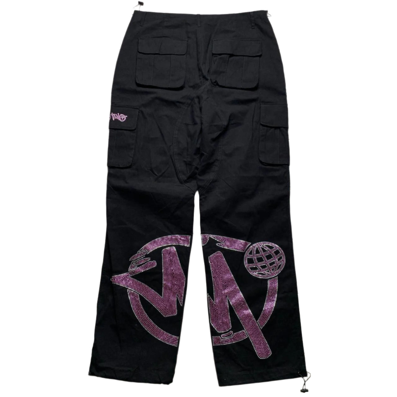 Minus Two Diamante Rhinestone Pink and Silver Black Cargo Trousers (XL)