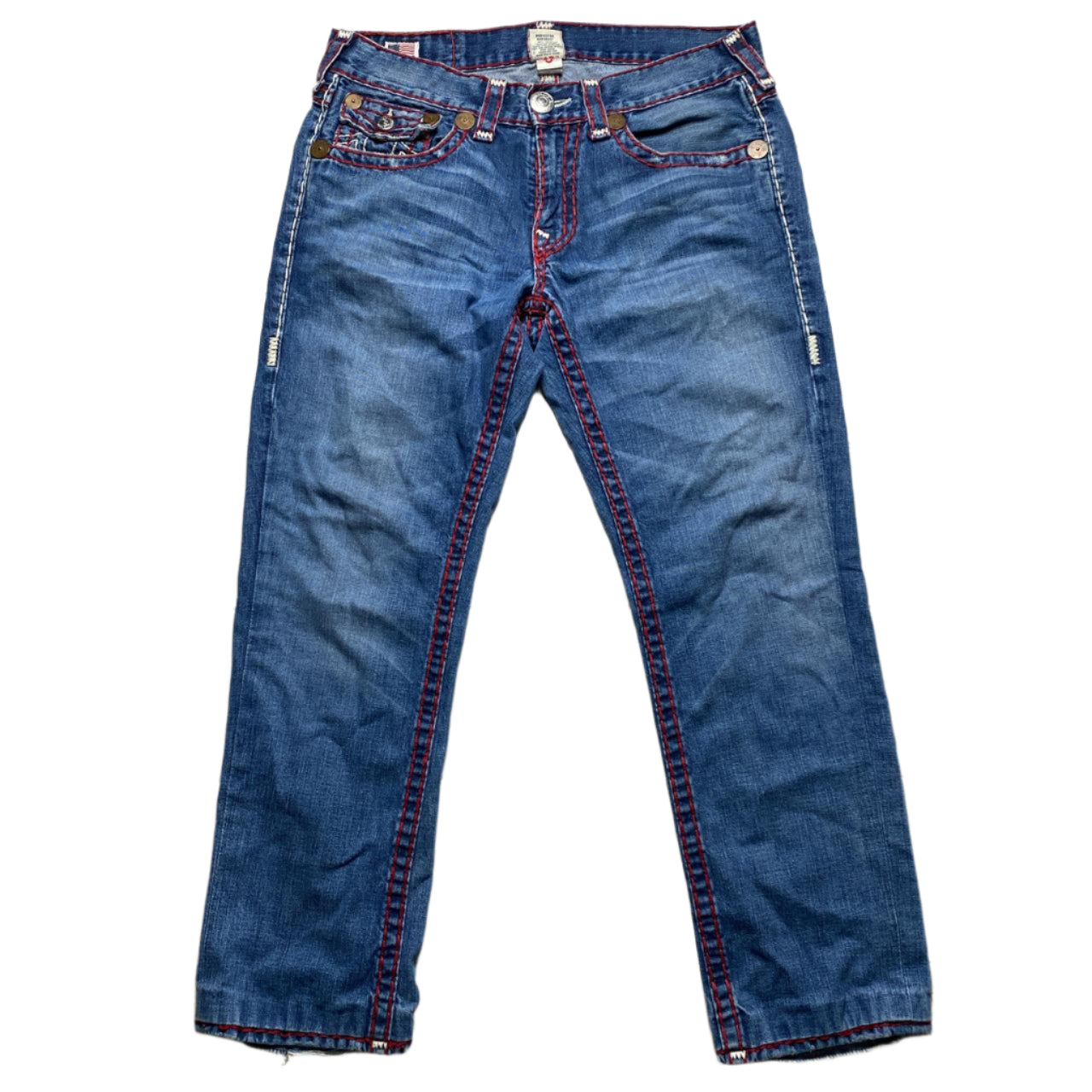 True Religion Ricky Super T Big Red and White Stitch Blue Jeans (34W)