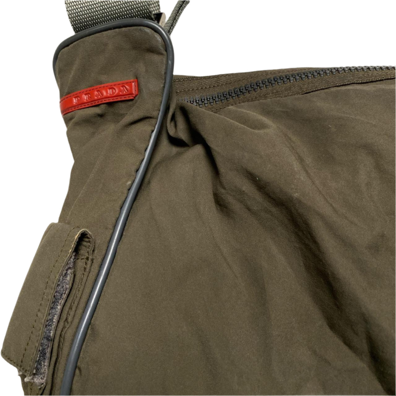 Prada Sport Vintage Nylon Messenger Bag Khaki Olive Green Red Strip