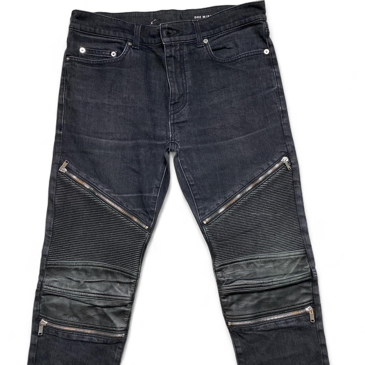 Saint Laurent Paris YSL Black Ribbed Leather Patch Zipper Biker Jeans