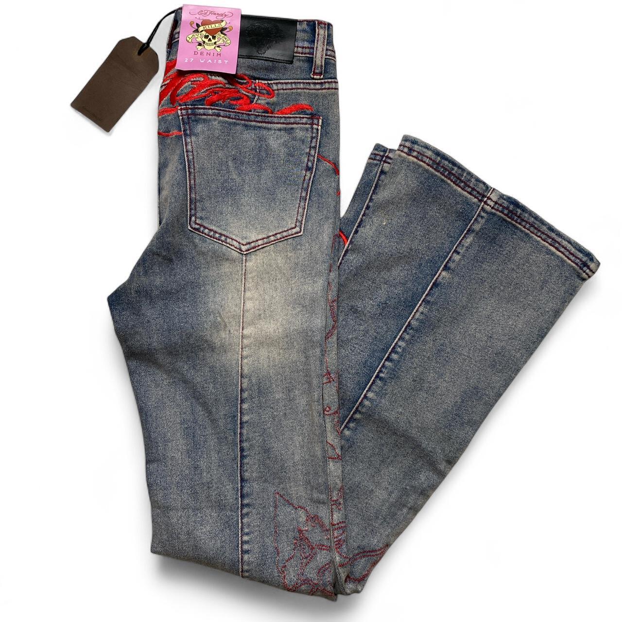 Ed Hardy y2k Light Blue Stonewashed Red Embroidery Love Flared Womens Jeans (27W)