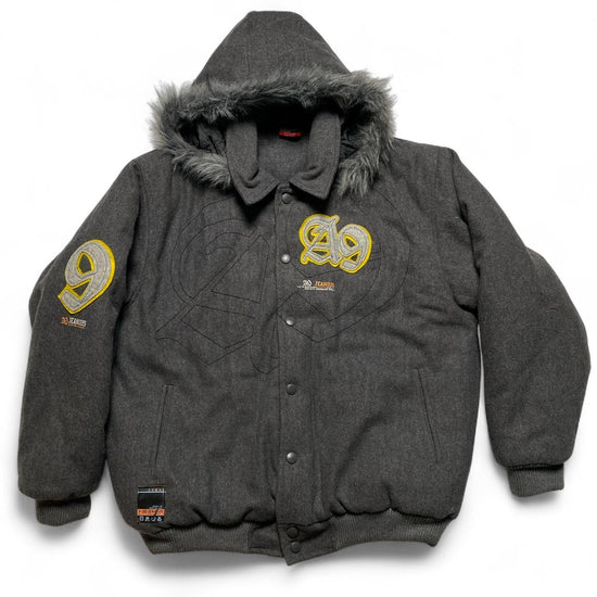 Akademiks A9 Y2K Grey Fur Trim Hooded Bomber Jacket (L)