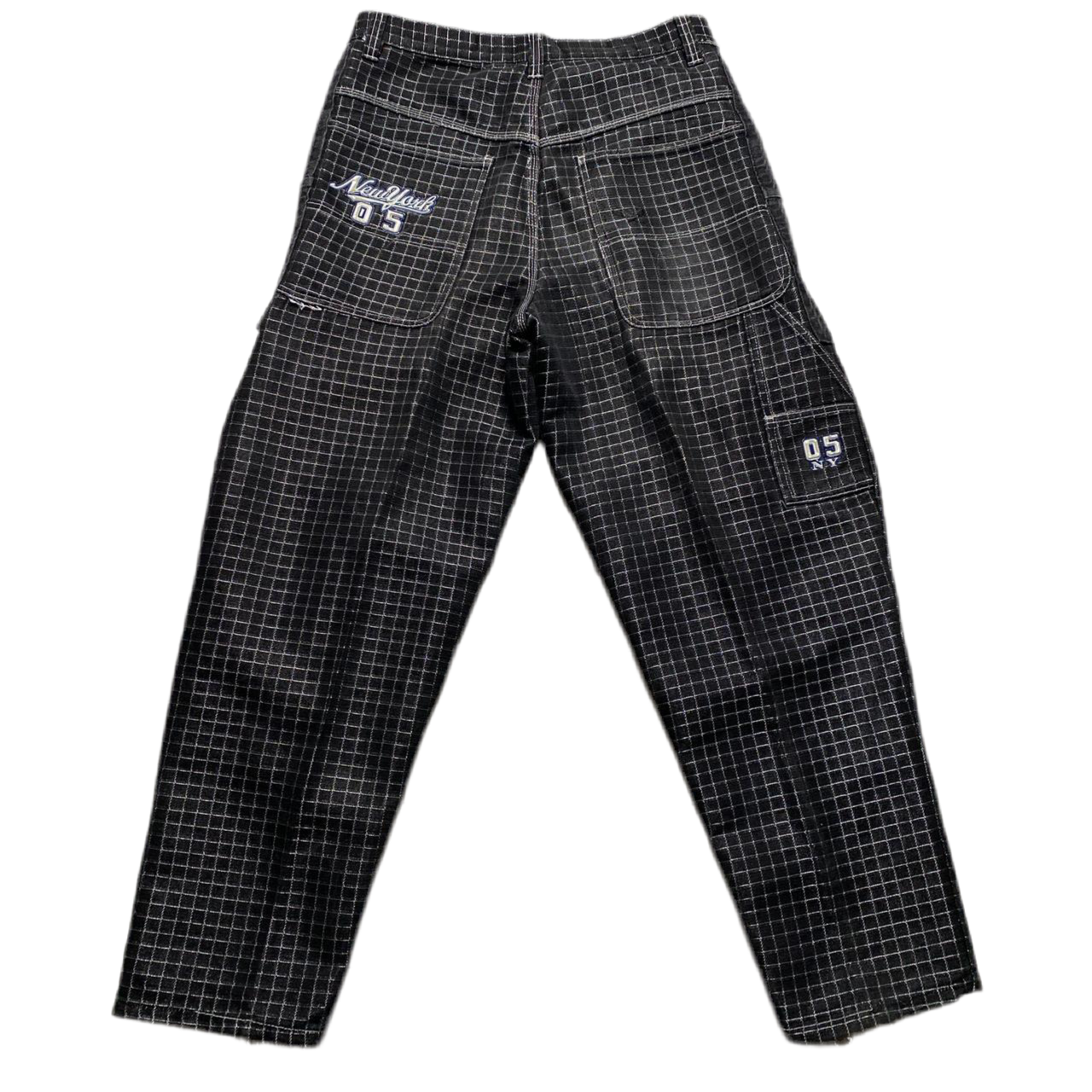 New York 05 Vintage 90’s Baggy Skateboard Carpenter Cargo Black Silver Grid Jeans (36W)