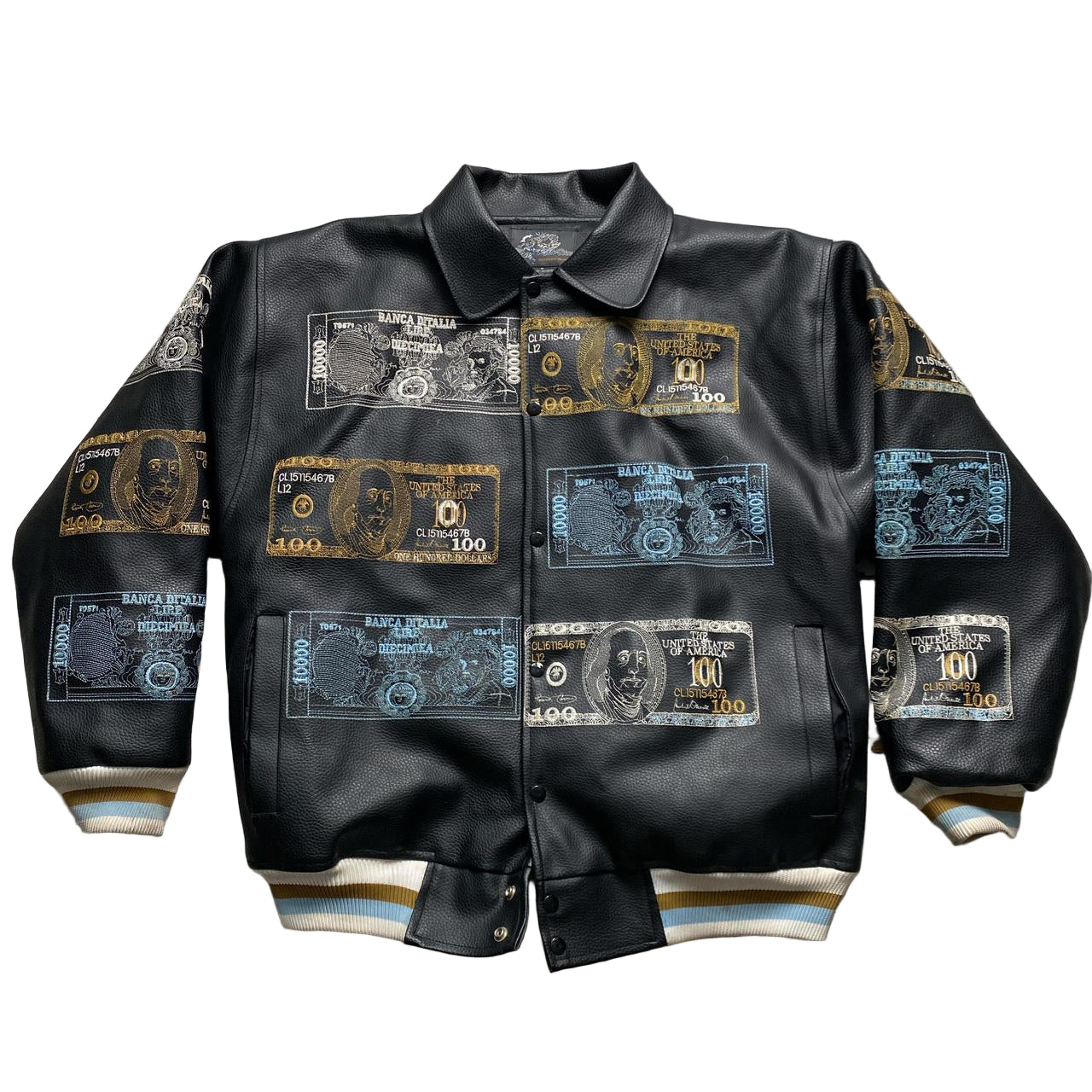 Raw Blue Dollar Bill and Italian Money Embroidery Leather Vintage Bomber Jacket (M)