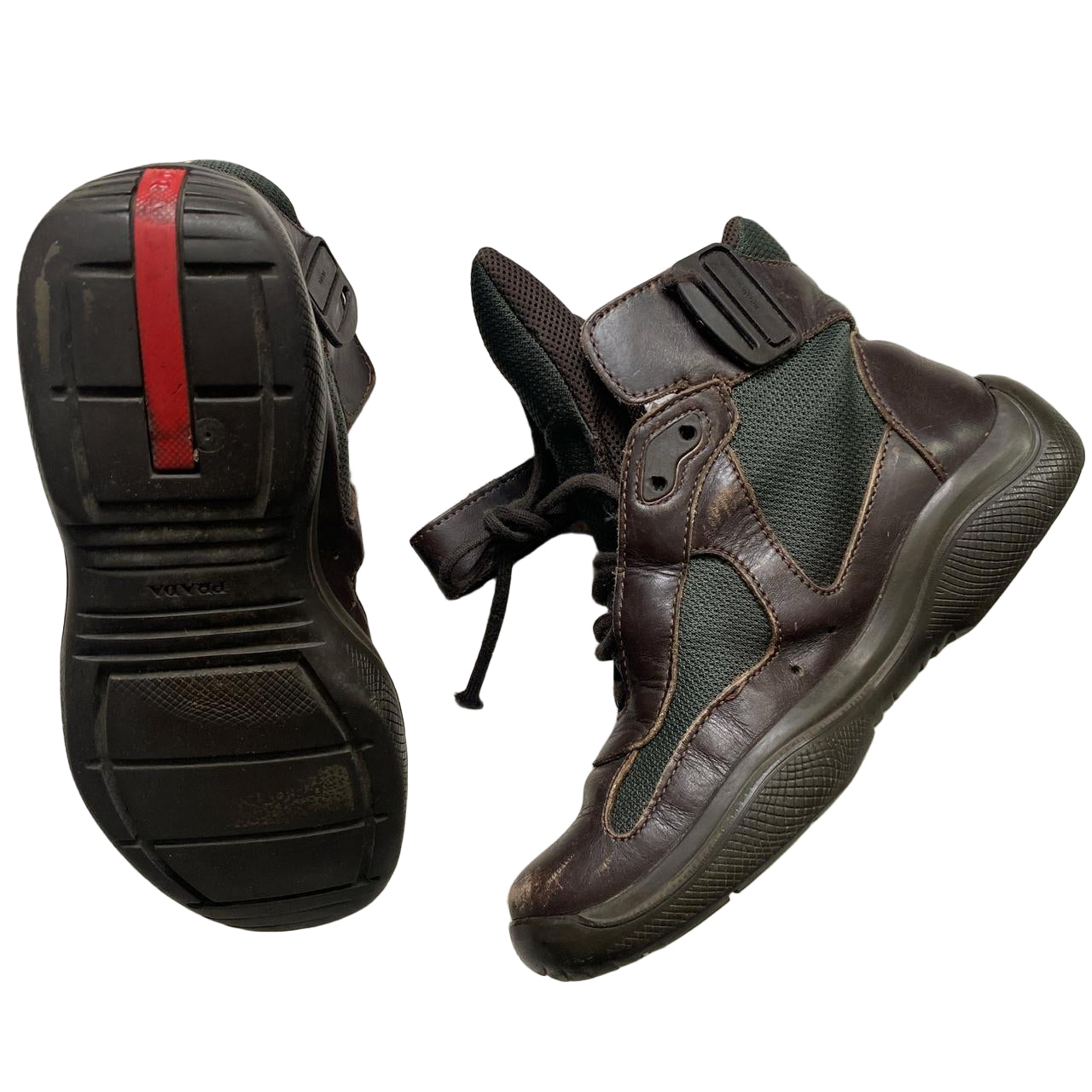 Prada Americas Cup Vintage Brown and Red High Top Trainer Boots (UK 3.5)