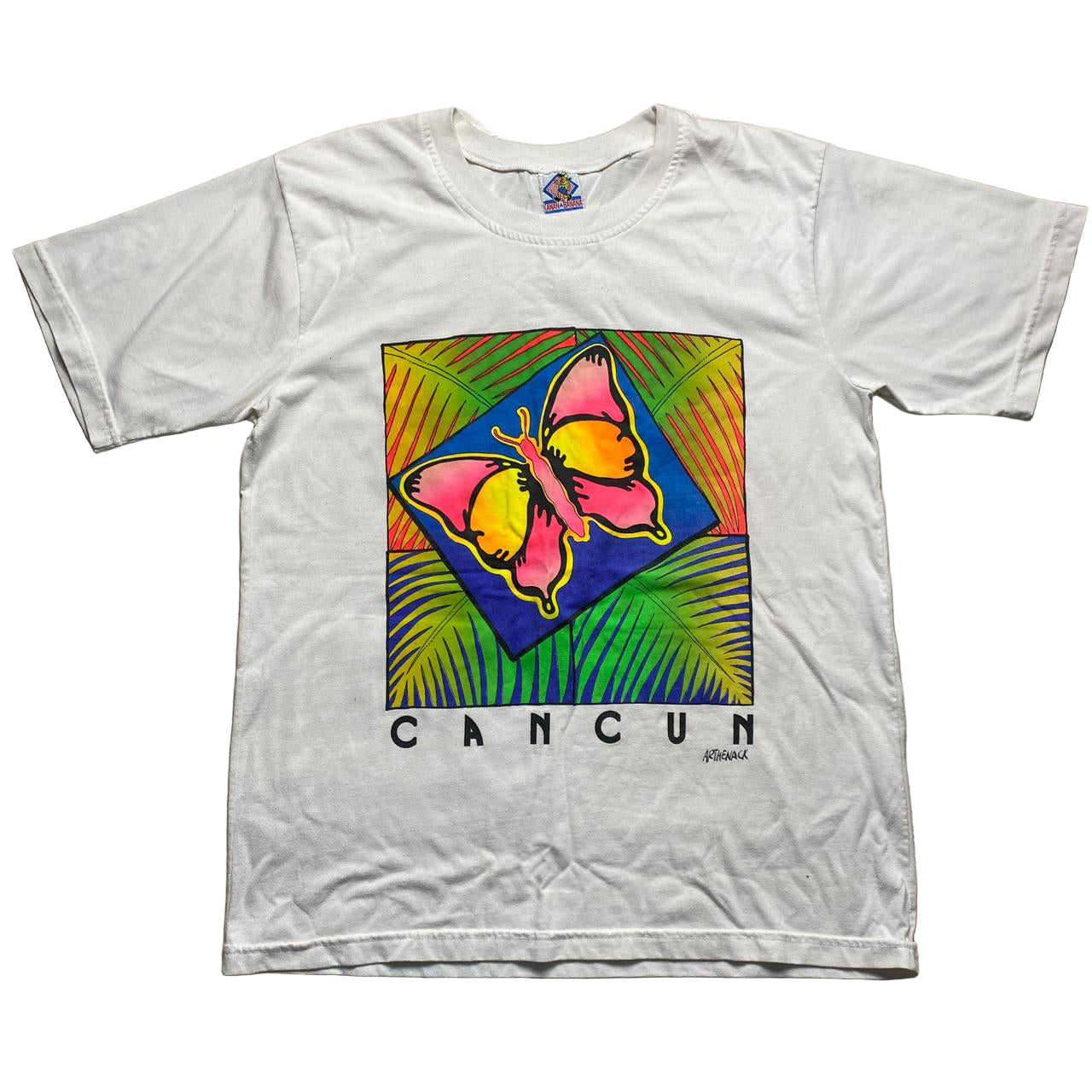 Cancun Vintage 90’s White Butterfly Multi Colour T Shirt (XL)